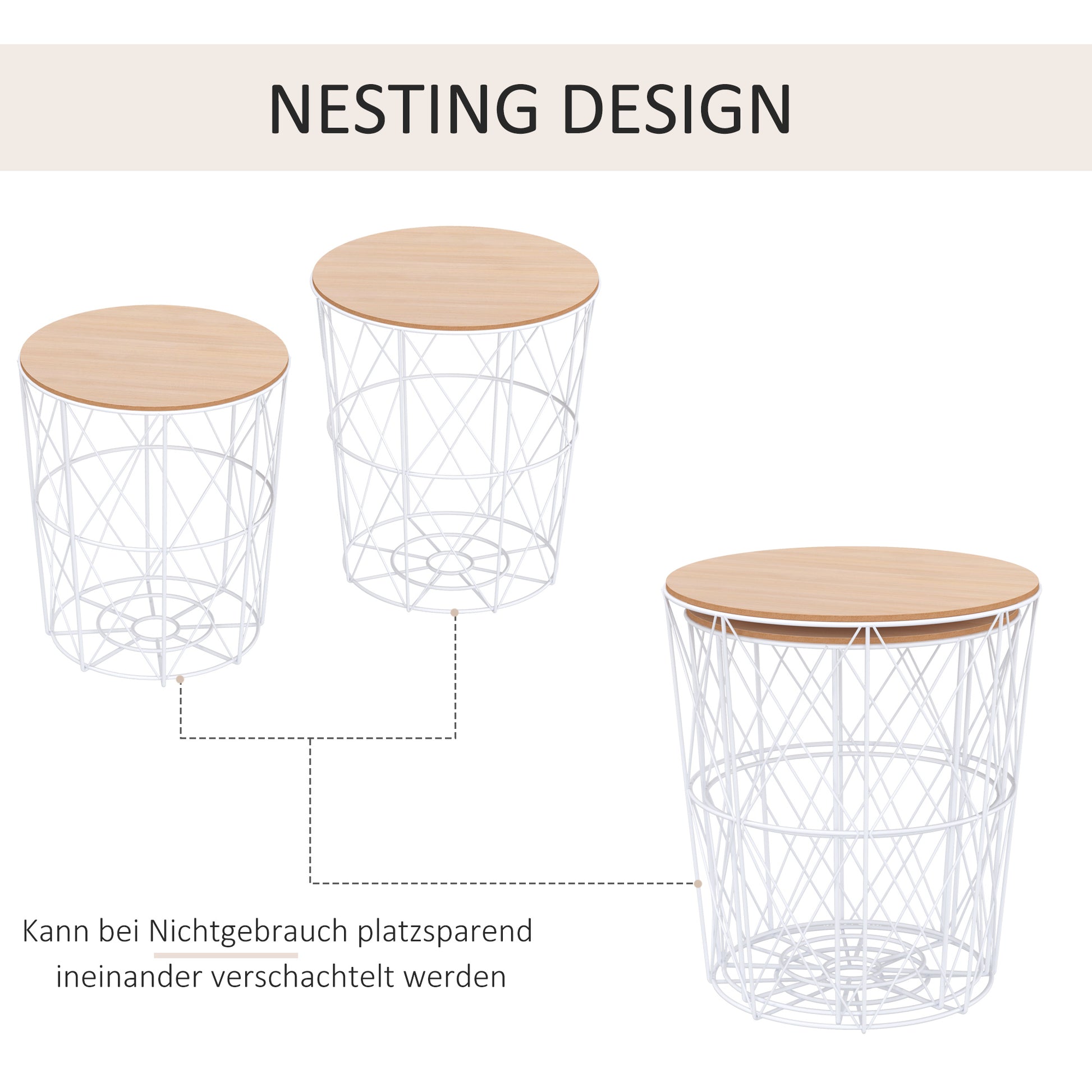 Couchtisch Rund 2er Set stapelbar Beistelltisch mit abnehmbaren Deckel Satztisch Kaffeetisch mit Metallgestell
