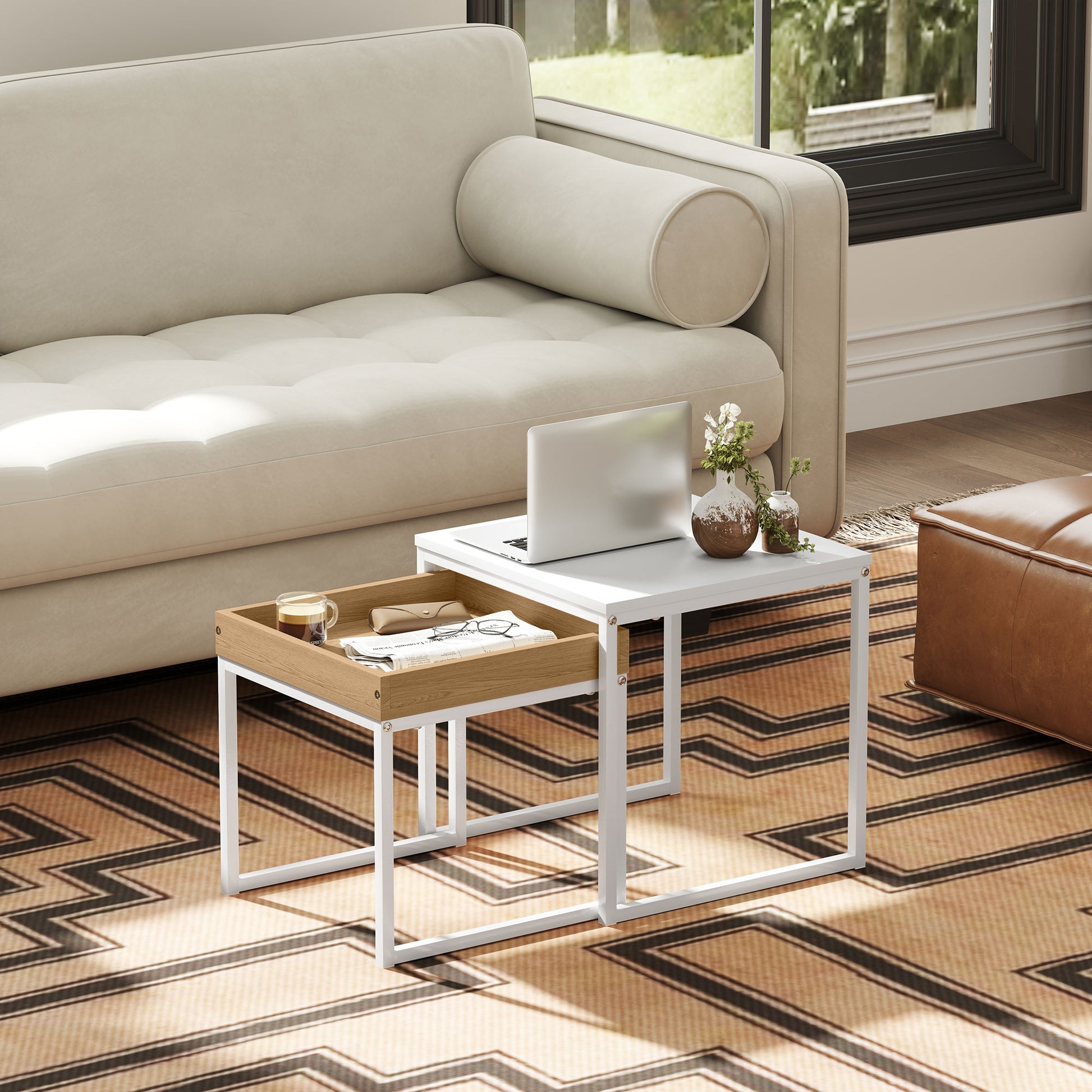 Moderner Couchtisch, 2er-Set Sofatisch, für kleine Räume, Quadratisch, MDF, Metall