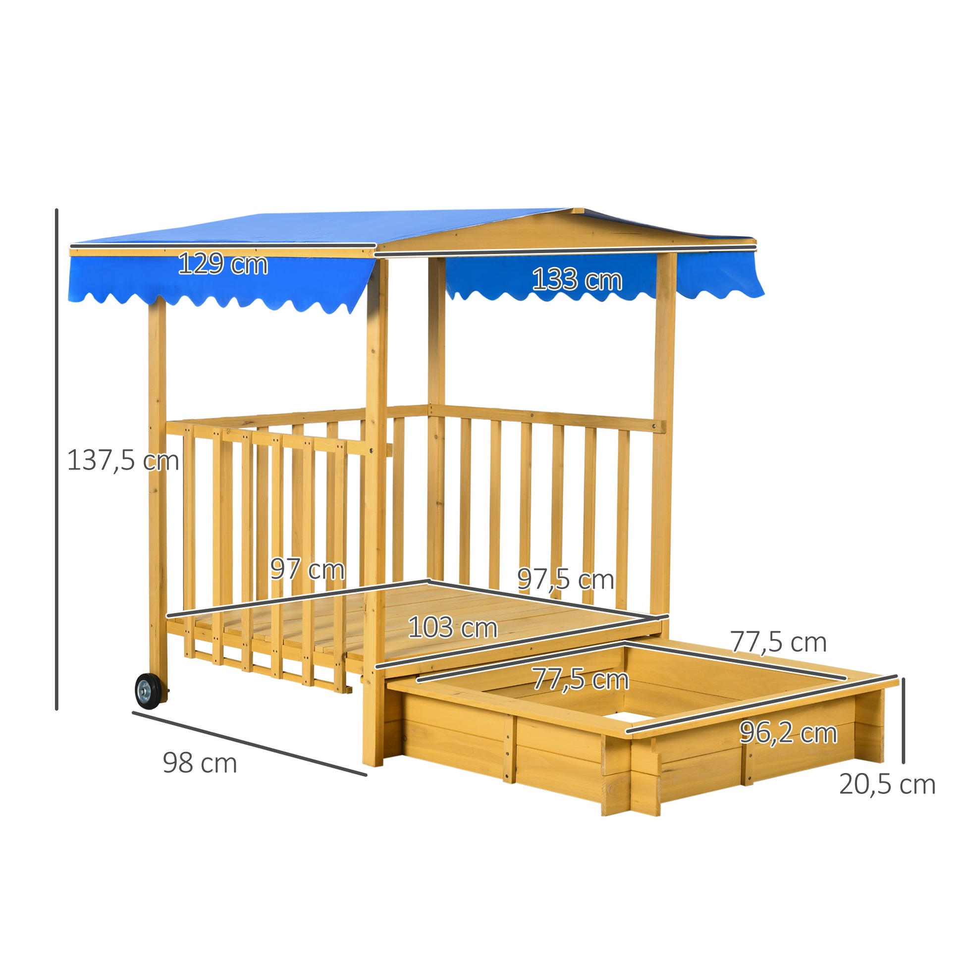 Sandkasten mit Spielhaus Sandkasten mit Dach, 133 x 129 x 137, 5 cm, Natur + Blau