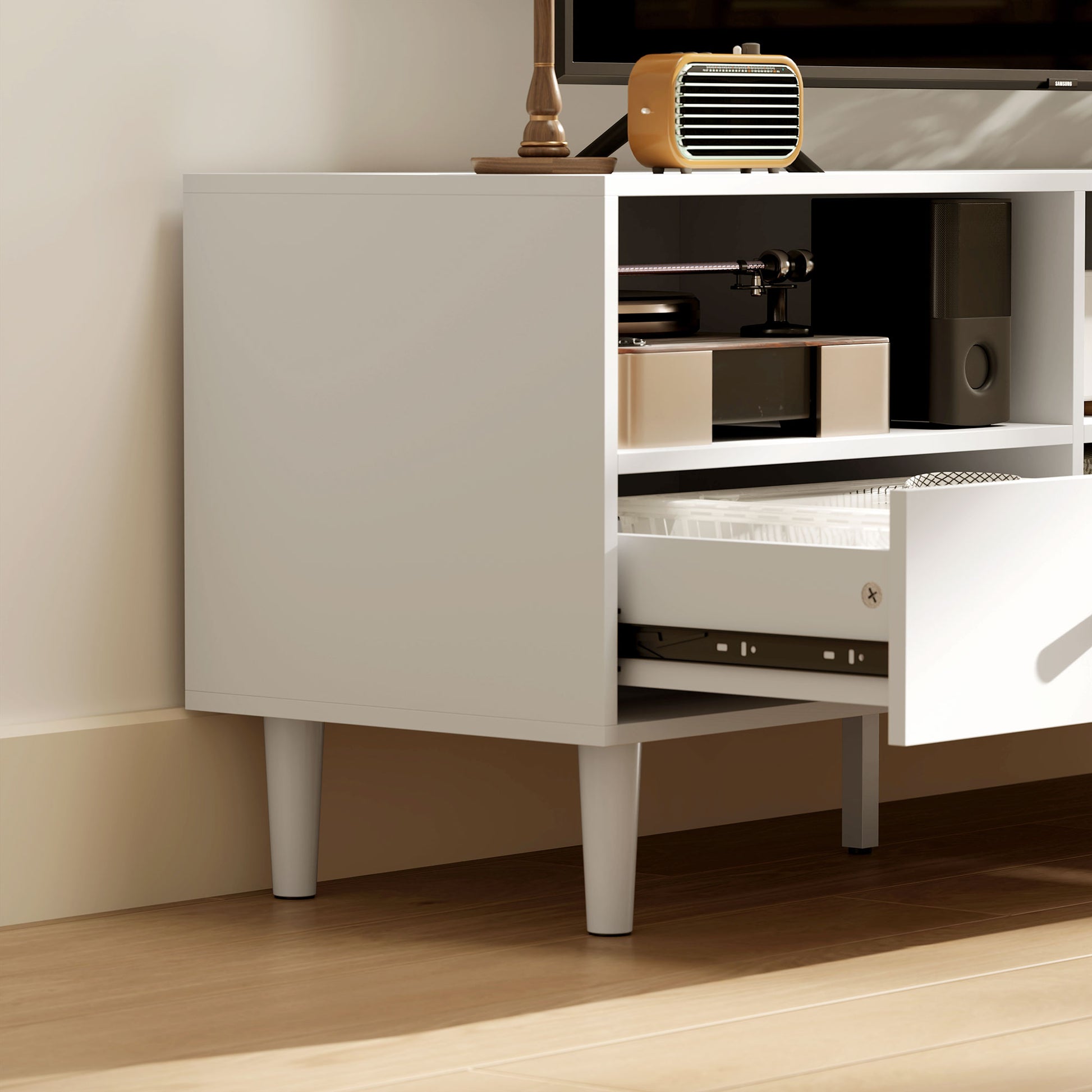 TV-Kommode, TV-Ständer für 75-Zoll-Bildschirme, 3 offene Fächer, 3 Schubladen, Spanplatte