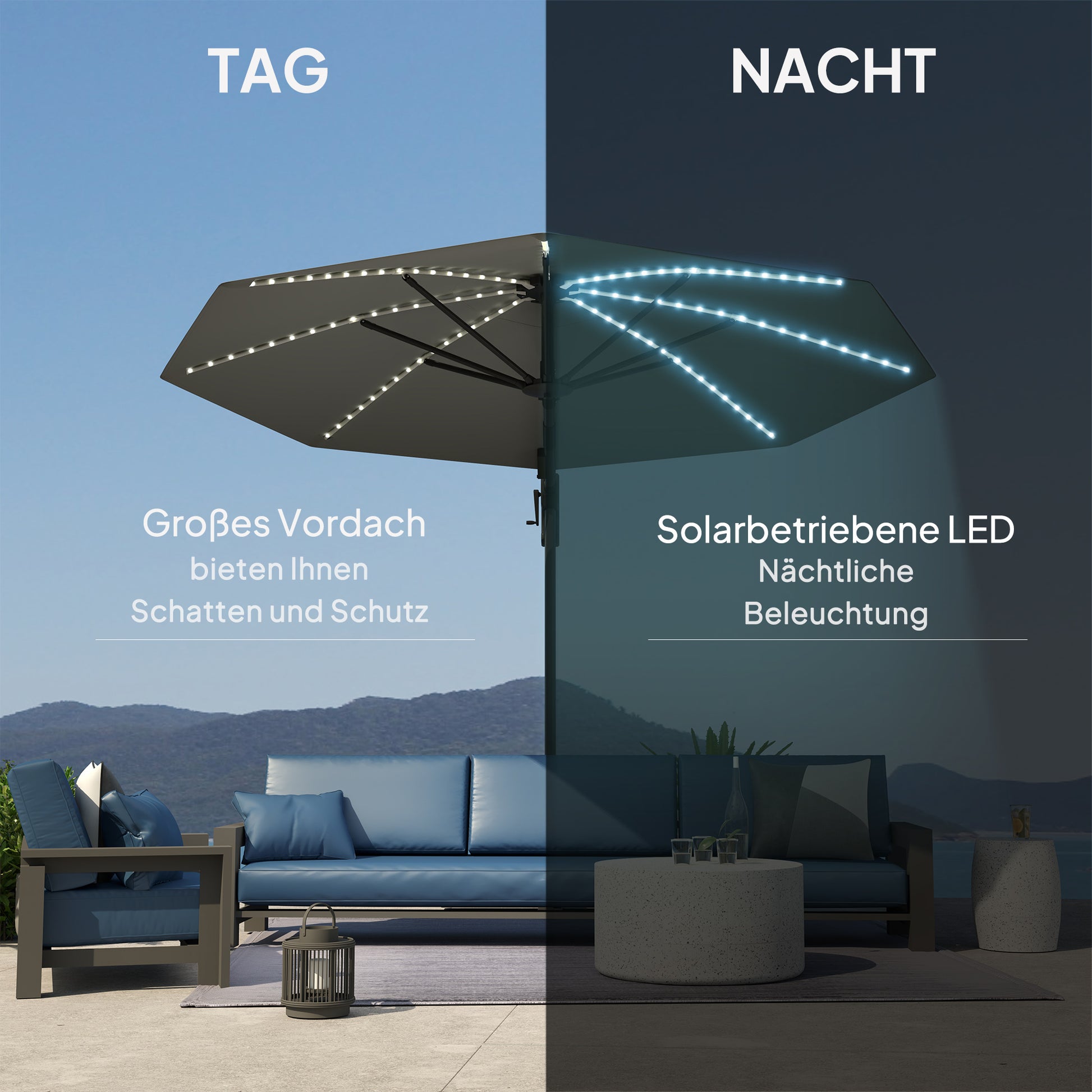 Ampelschirm LED Solar Ø300 cm höhenverstellbar Sonnenschirm mit Kurbel Ständer UV50+