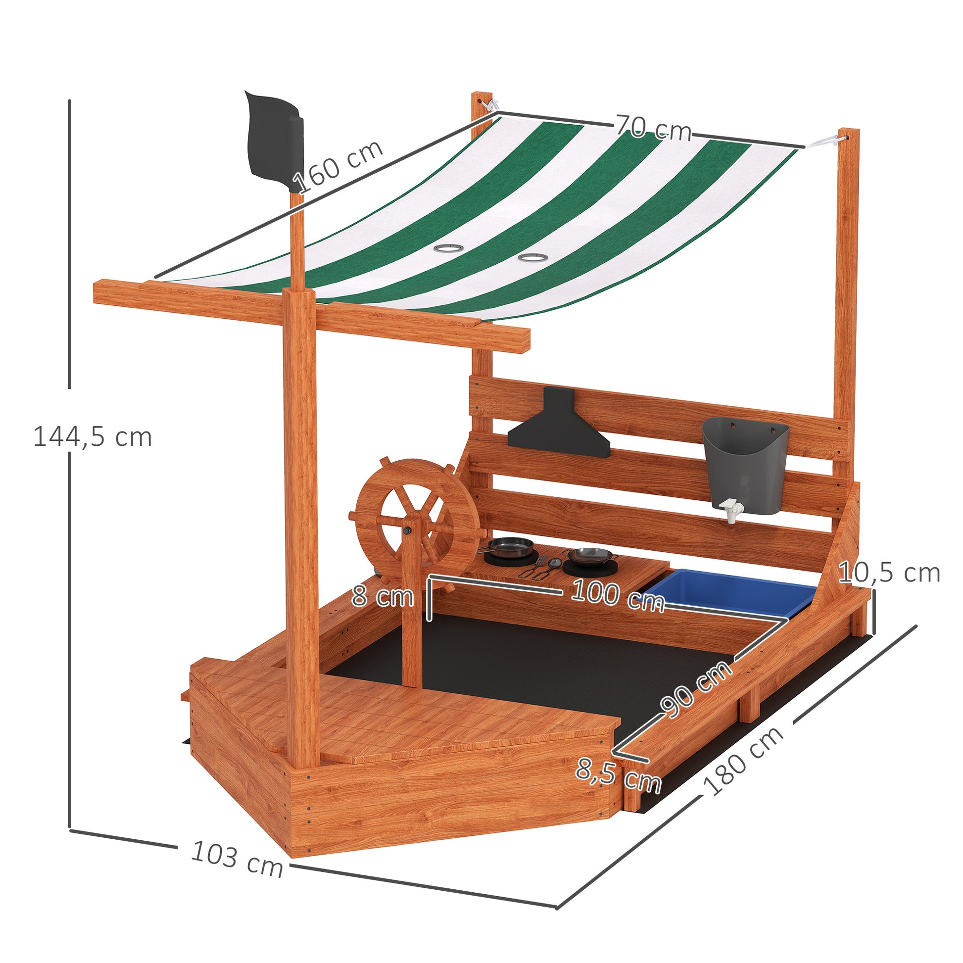 Sandkasten mit Sonnendach Piratenschiff, inkl. Kinderküchenspielset, Massivholz, 180x103x144,5 cm