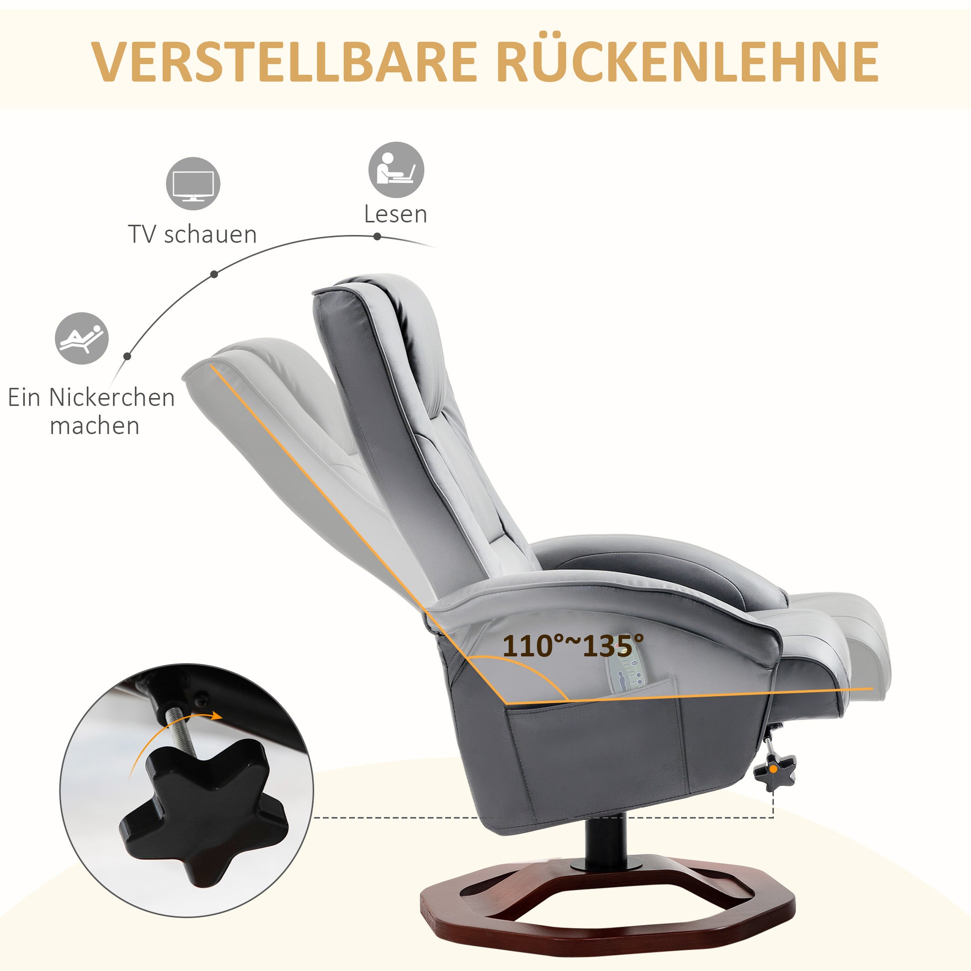 Massagesessel mit Hocker, Liegefunktion, Fernbedienung, drehbar, Lederoptik, bis 150 kg