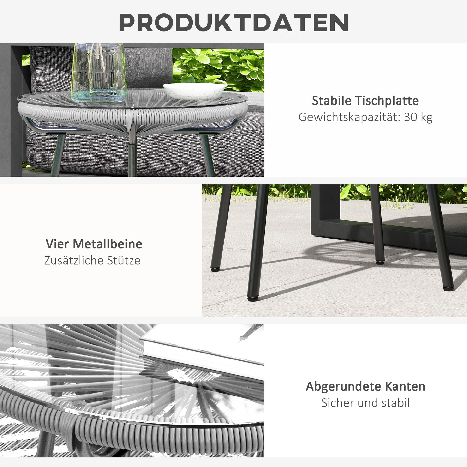 Gartentisch Boho-Stil, PE-Rattan, gehärtetes Glas, wetterbeständig, 50 cm x 50 cm, Grau