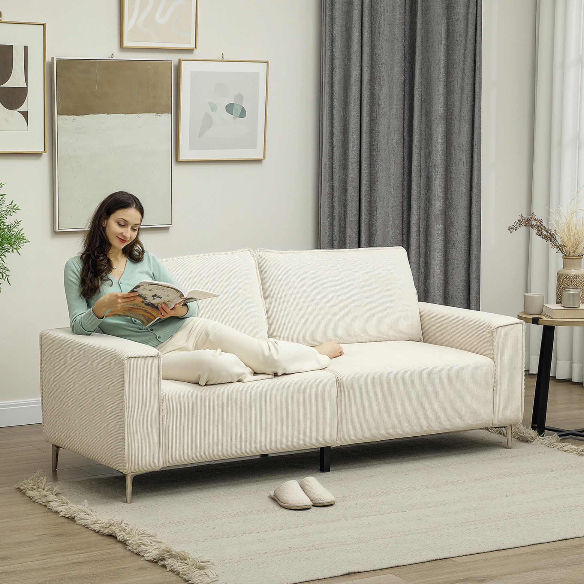 Modernes 3-Sitzer-Sofa, Weiche Couch mit Rückenkissen, 193B x 77T x 80H cm, Cremeweiß