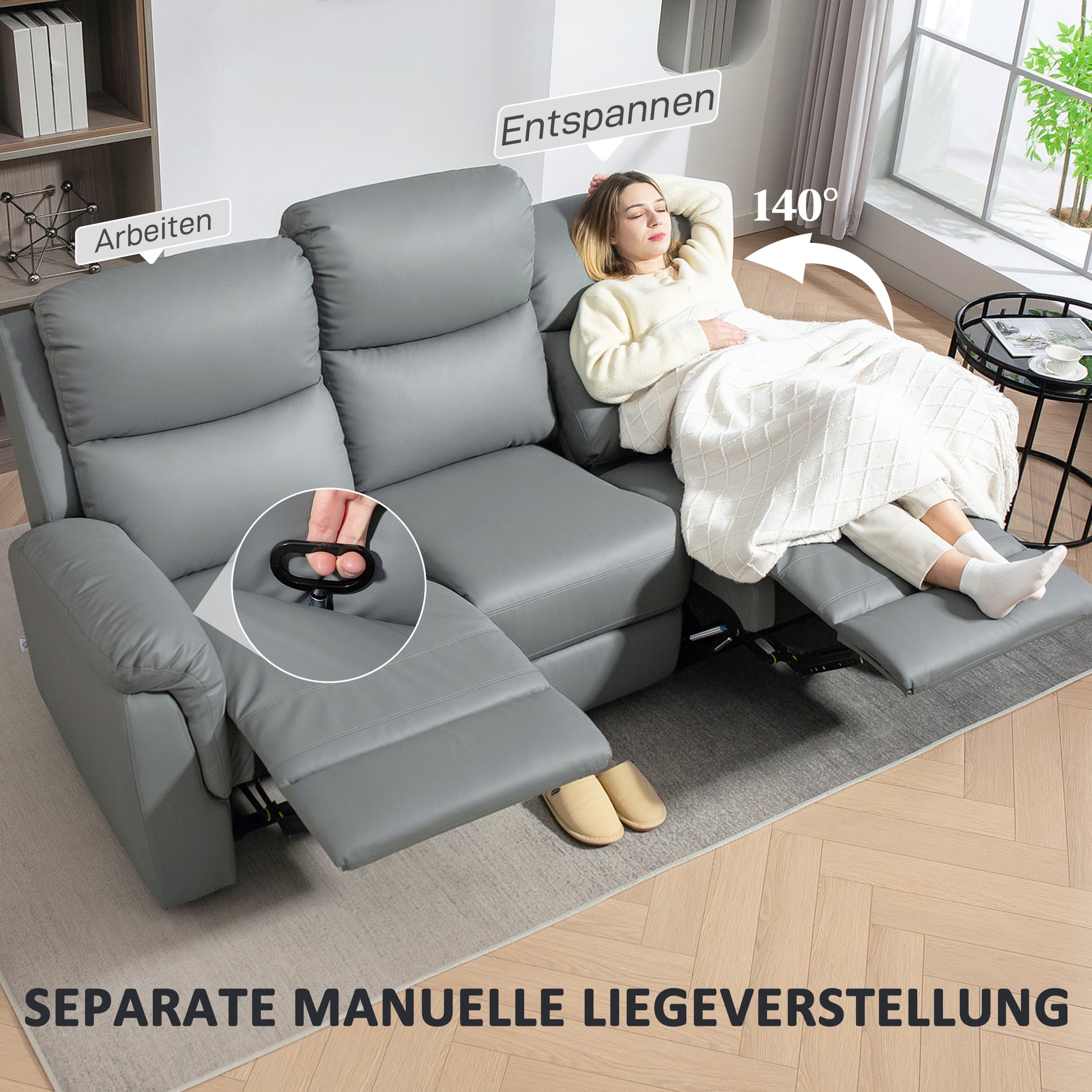 3-Sitzer-Sofa, linker und rechter Sitz zurücklehnbar, anpassbare Fußstütze, Kunstlederbezug, Dunkelgrau