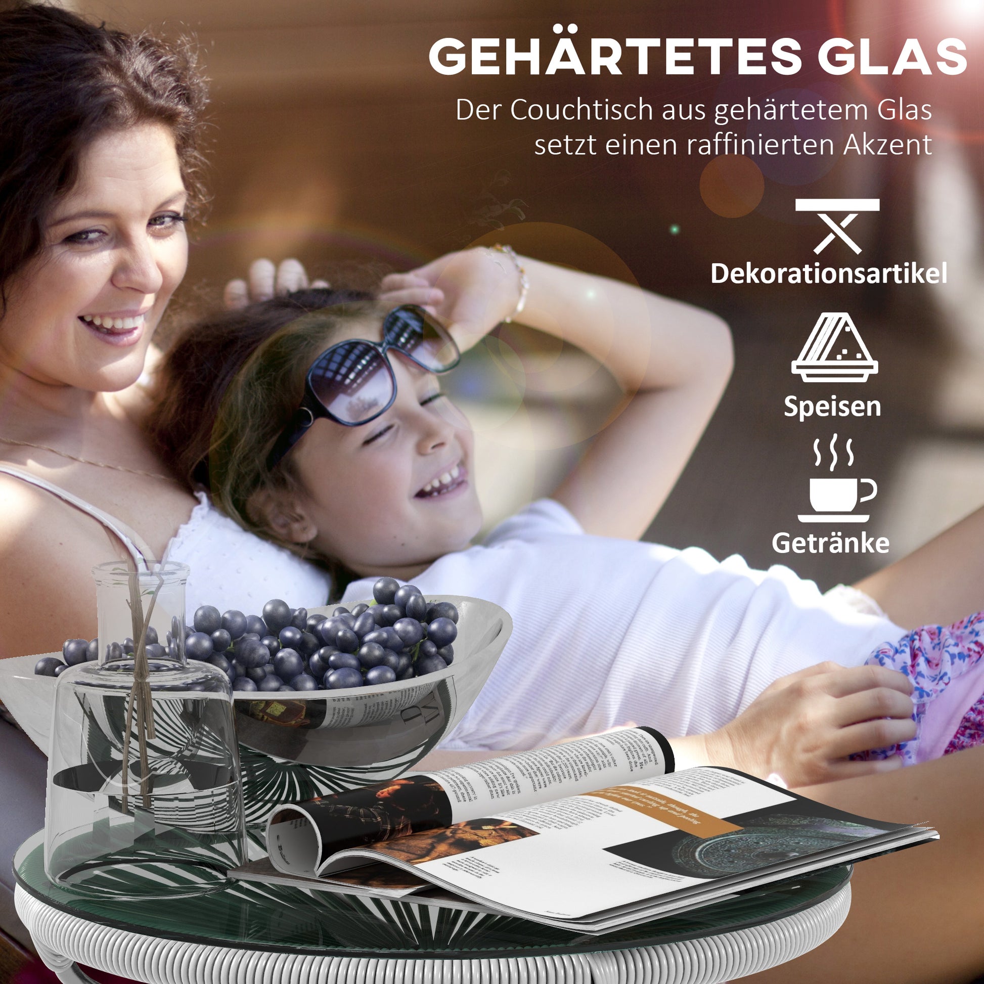 Gartentisch Boho-Stil, PE-Rattan, gehärtetes Glas, wetterbeständig, 50 cm x 50 cm, Grau