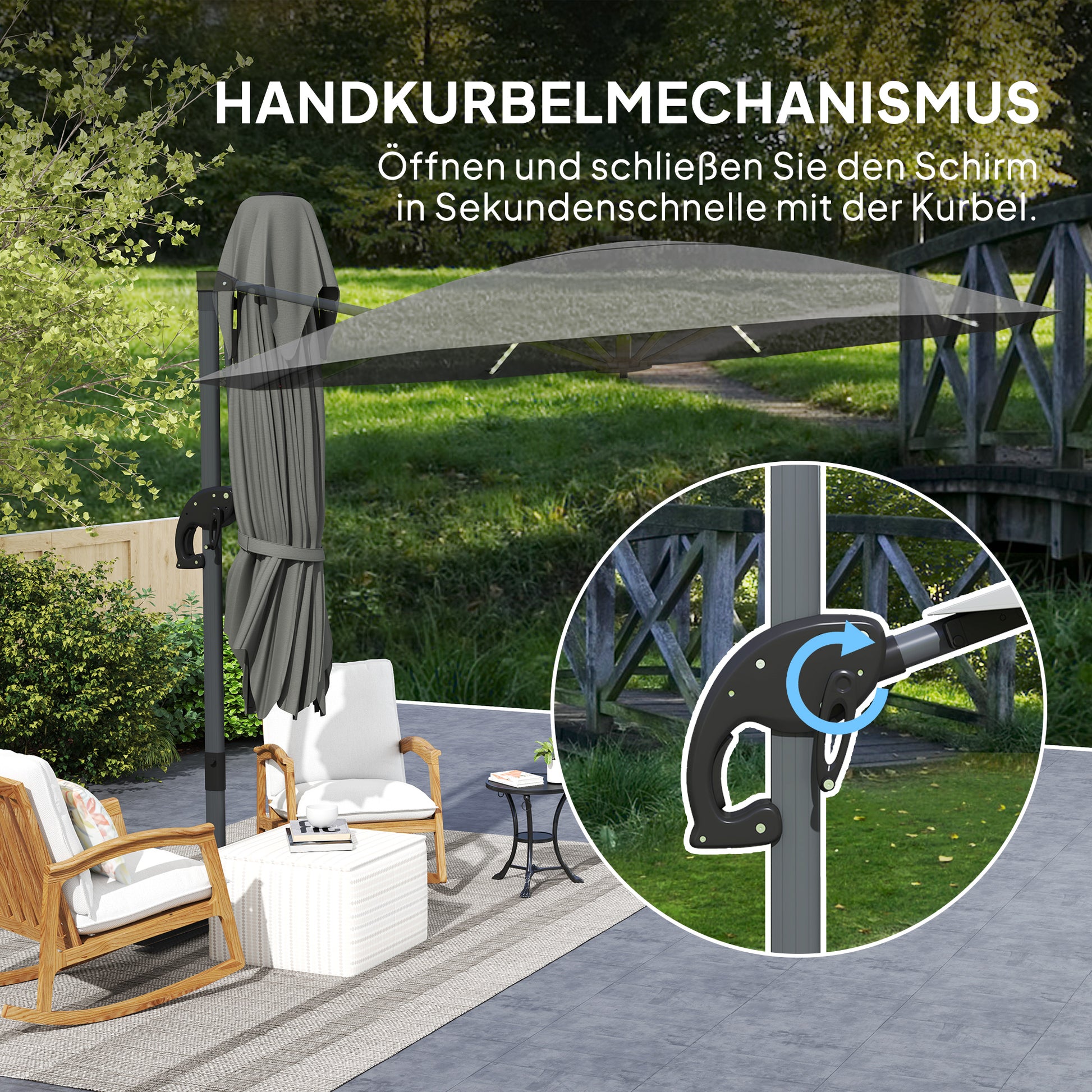Ampelschirm LED Solar Ø300 cm höhenverstellbar Sonnenschirm mit Kurbel Ständer UV50+