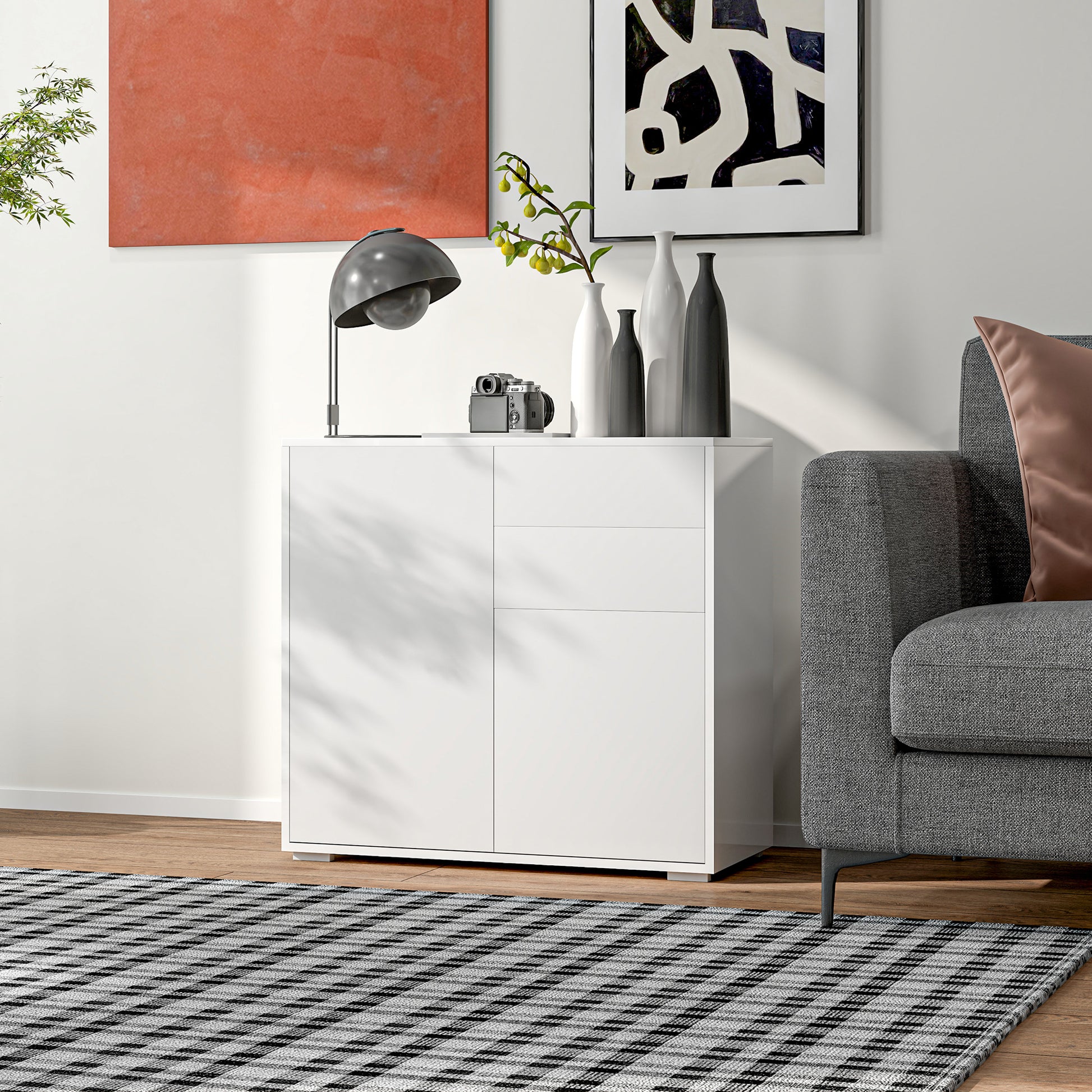 Aufbewahrungsschrank mit 2 Schubladen, 2 Türen, mit Kippschutz, für Wohnzimmer, Schlafzimmer, 79 x 36 x 74 cm Weiß