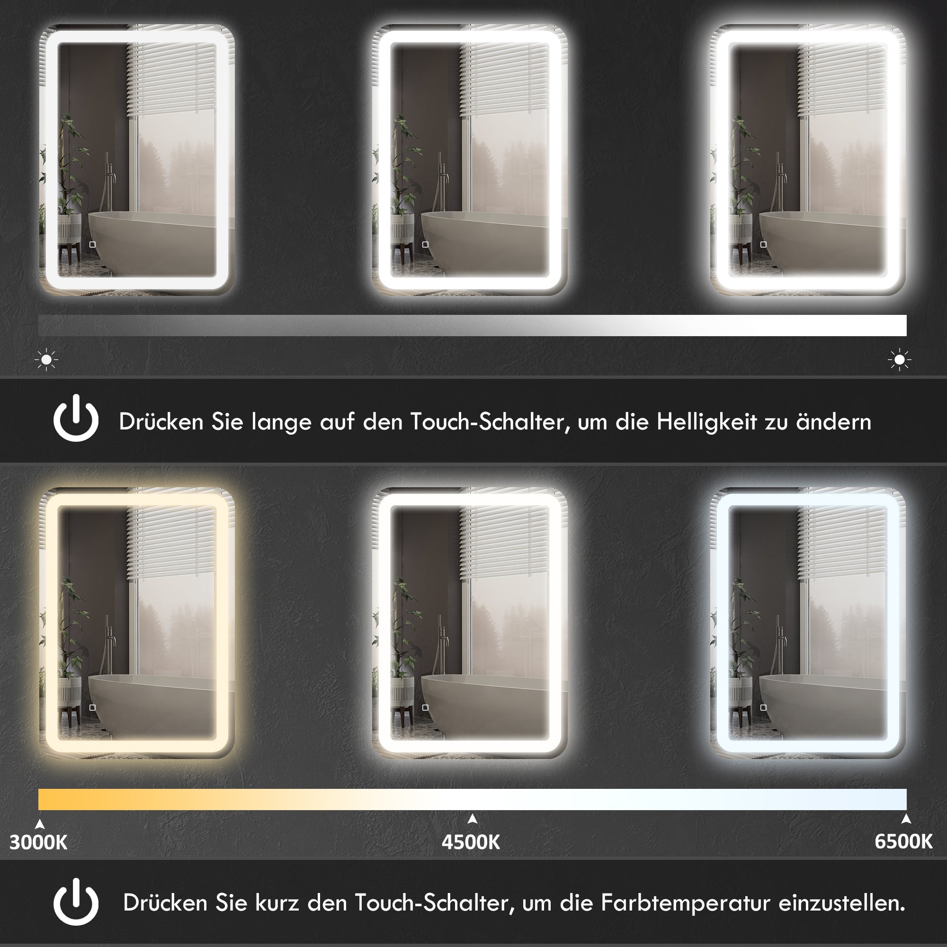 Badezimmerspiegel, beleuchtet, Touch-Steuerung, beschlagfrei, dimmbar, 3 Lichtfarben
