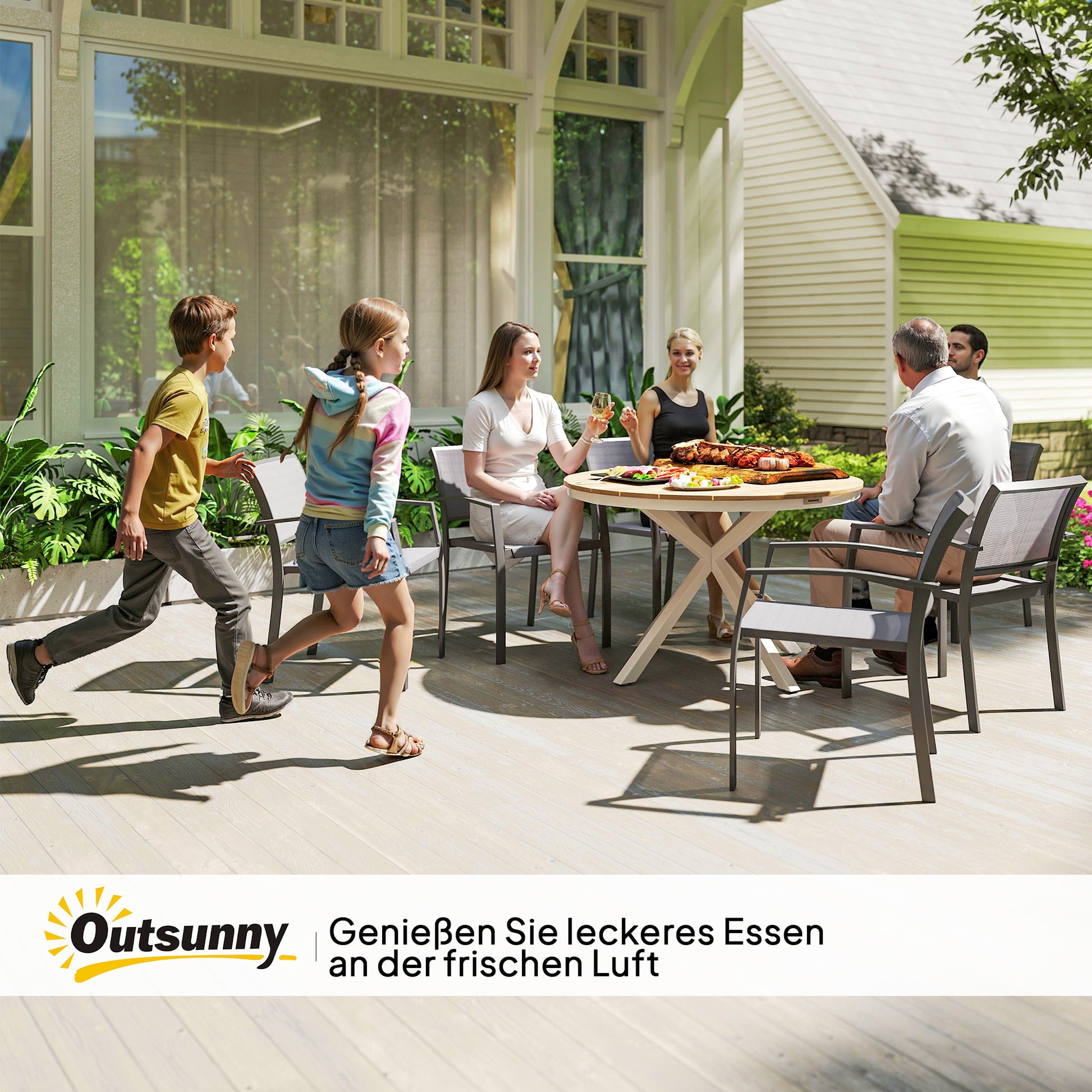Gartentisch Ø118cm aus Aluminium, Wetterfest, Beistelltisch mit Kreuzbeine Lattendesign Teak