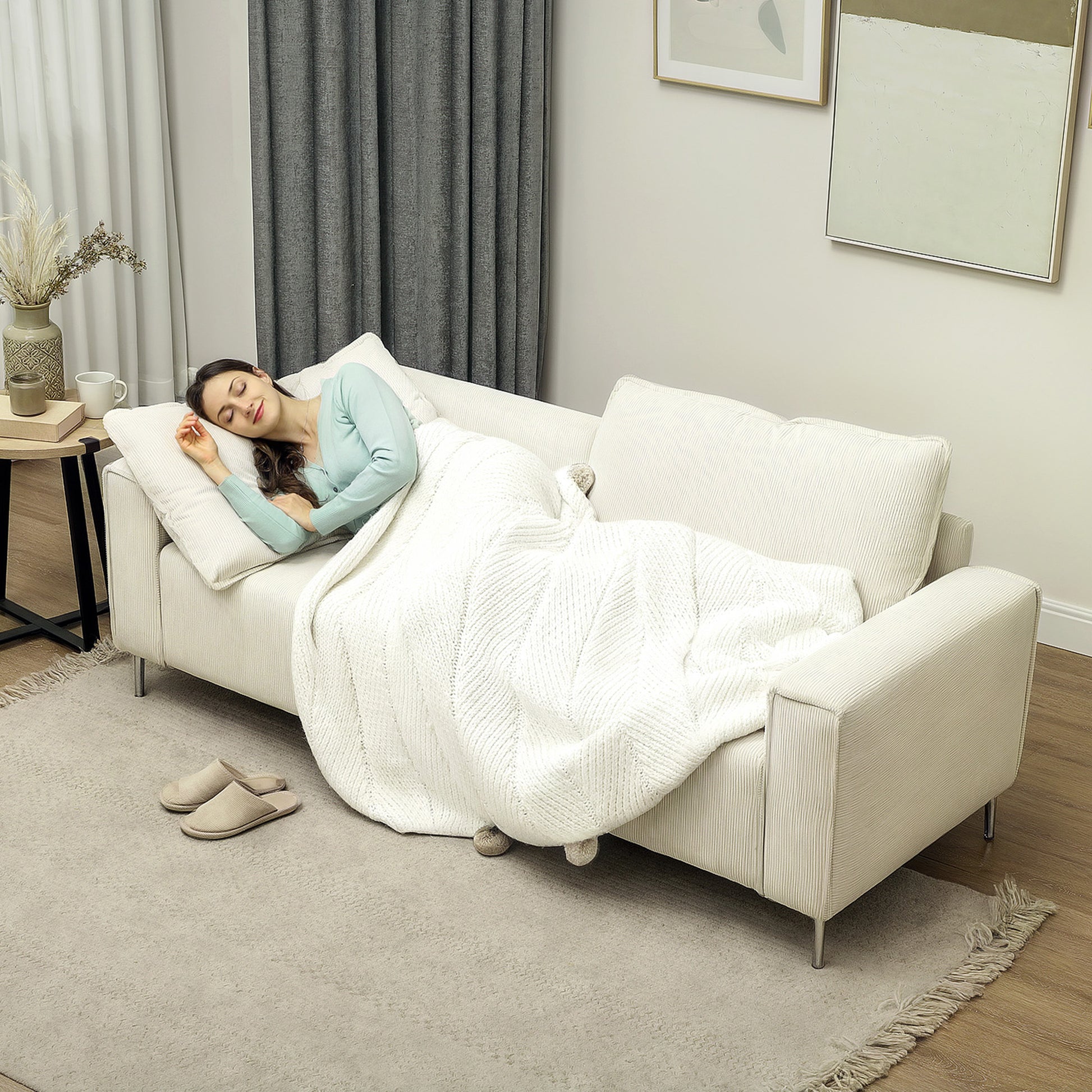 Modernes 3-Sitzer-Sofa, Weiche Couch mit Rückenkissen, 193B x 77T x 80H cm, Cremeweiß