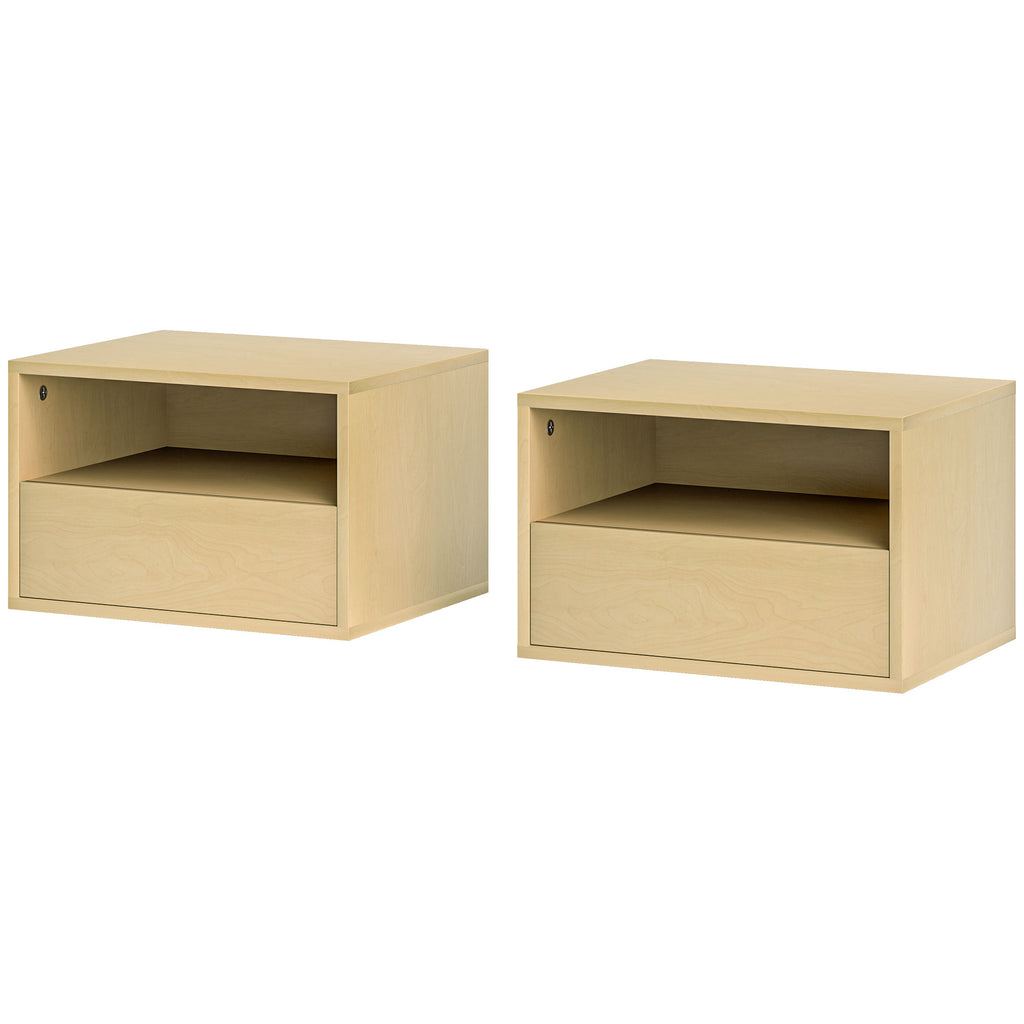 2-teiliges Wandnachttisch-Set, Nachttisch, Nachtkommode, Spanplatte, Natur, 45 x 35 x 27,5 cm