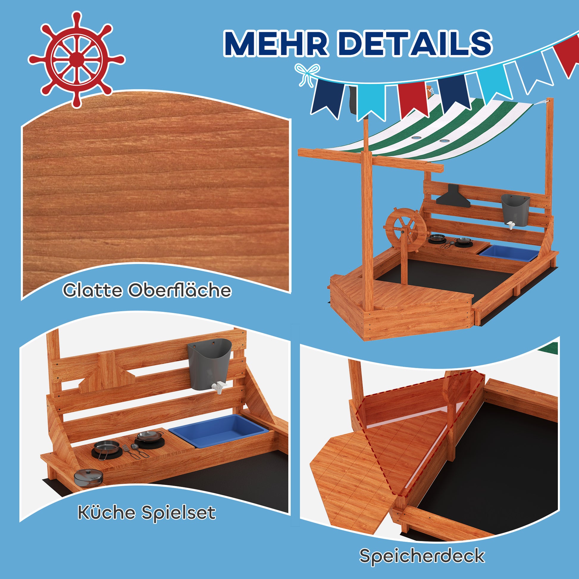Sandkasten mit Sonnendach Piratenschiff, inkl. Kinderküchenspielset, Massivholz, 180x103x144,5 cm
