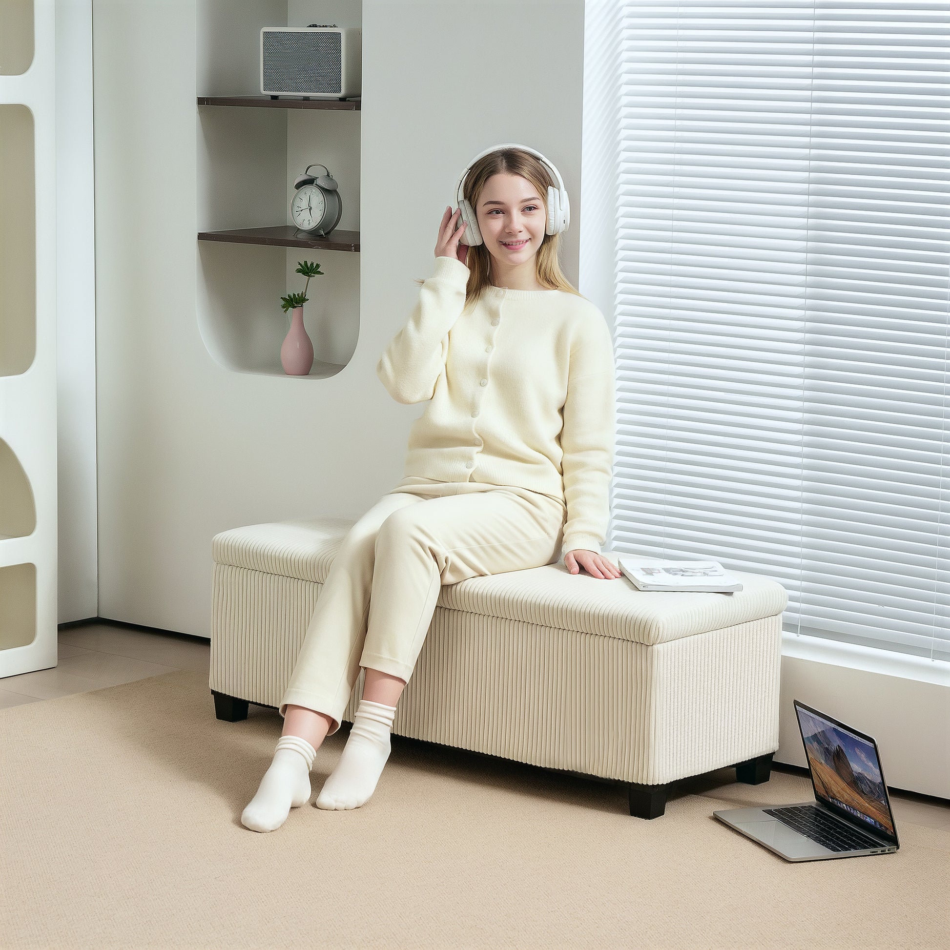 Sitzbank mit Stauraum, Aufbewahrungsbank, Cord-Design, Stahlrahmen, Beige