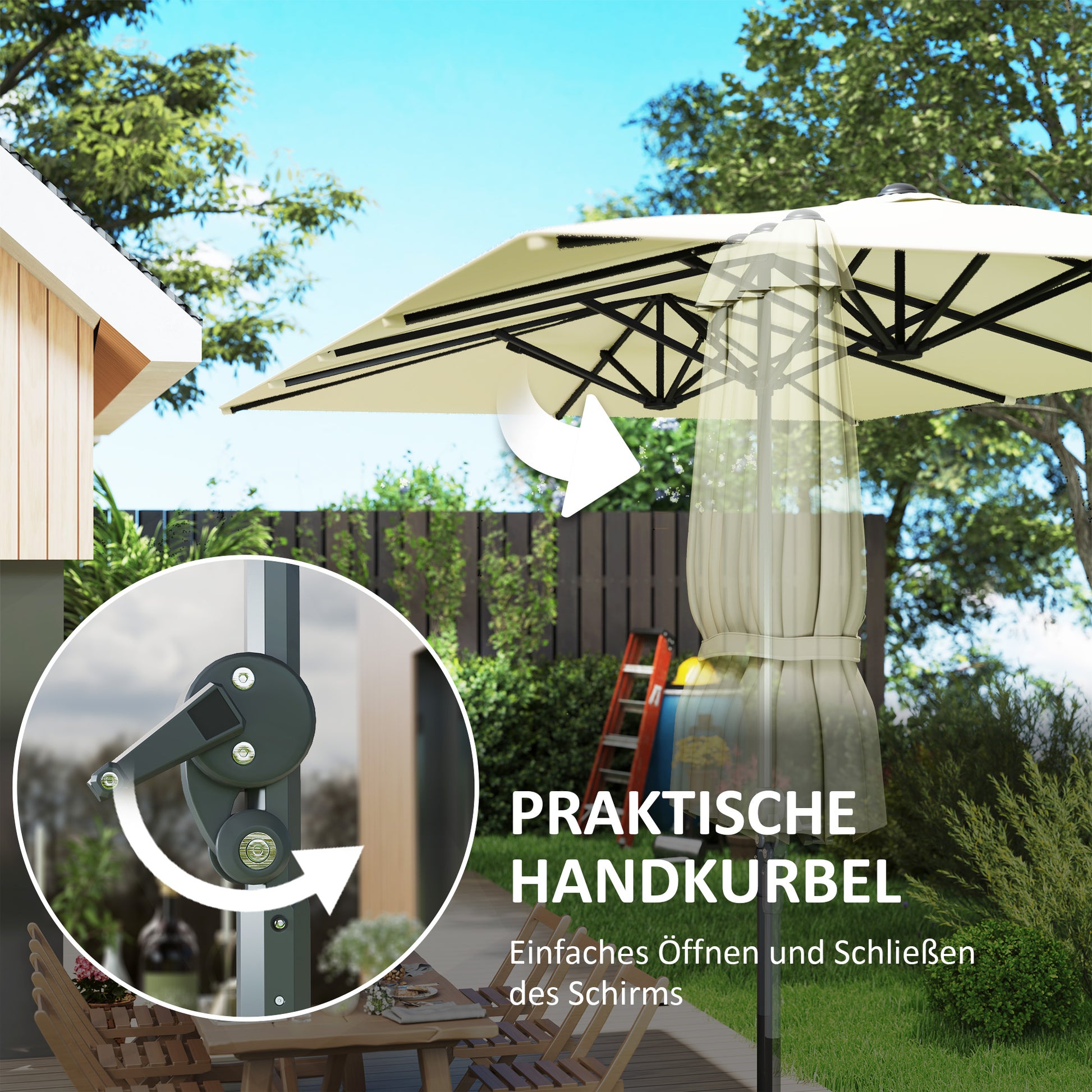 Doppelseitiger Schirm, 451 x 264 cm mit Kurbelsystem, 12 Metallstreben, Aluminiummast