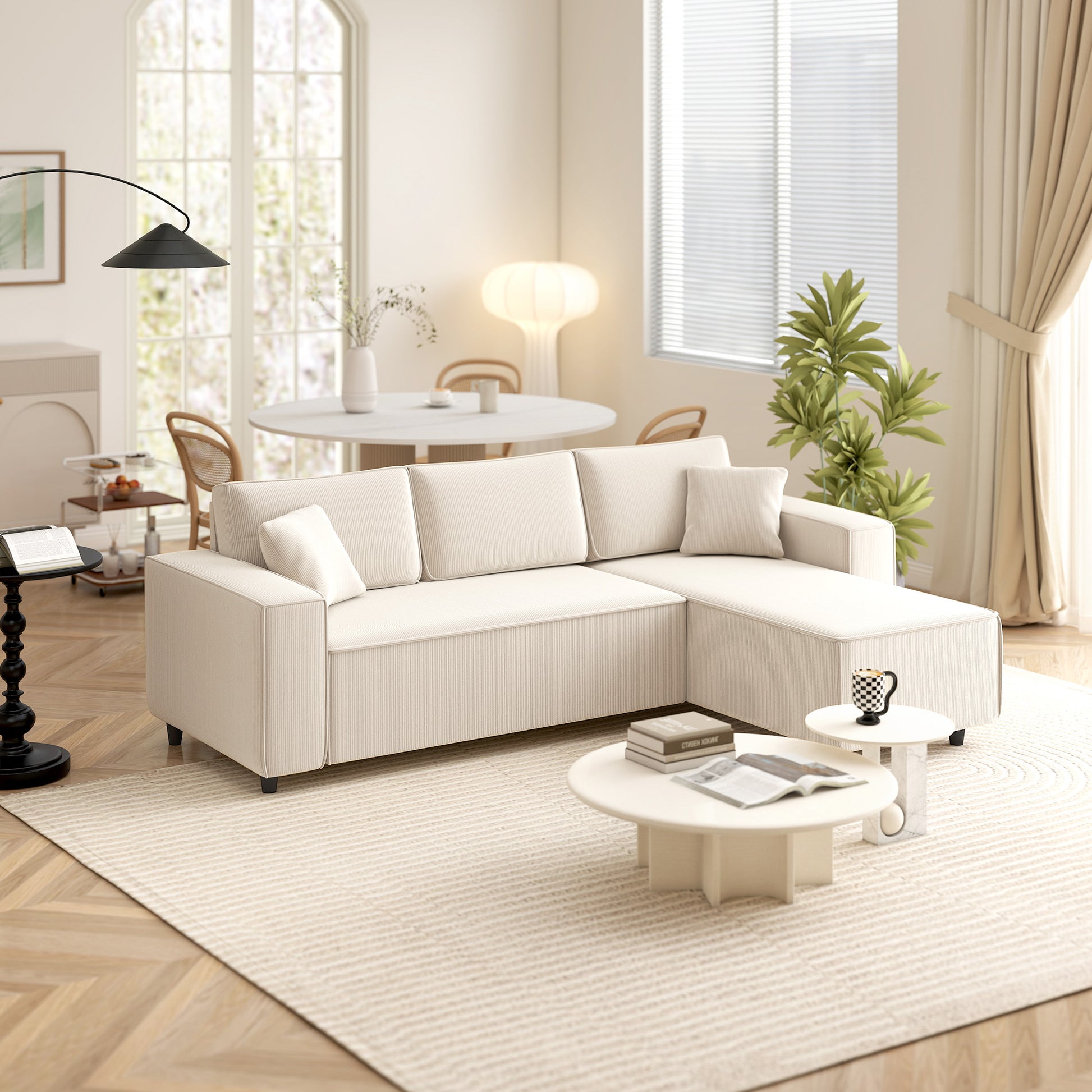 Ecksofa 3-Sitzer in L-Form Eckcouch mit Umkehrbarer Chaiselongue, 241x153x83 cm Cremeweiß
