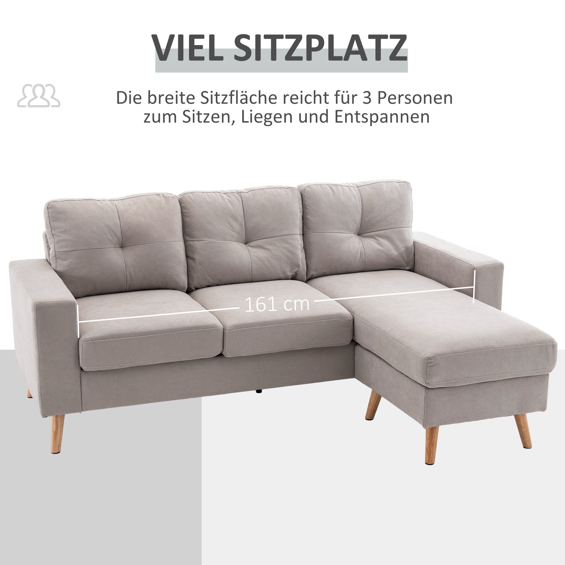 Ecksofa L-Form graue Eckcouch mit Chaiselongue Leinenoptik für 3 Personen 193x136x85cm Heillgrau
