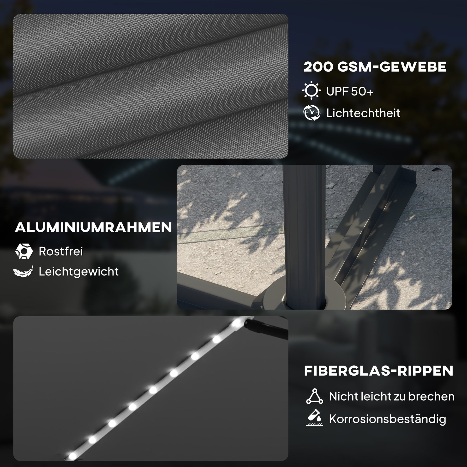Ampelschirm LED Solar Ø300 cm höhenverstellbar Sonnenschirm mit Kurbel Ständer UV50+