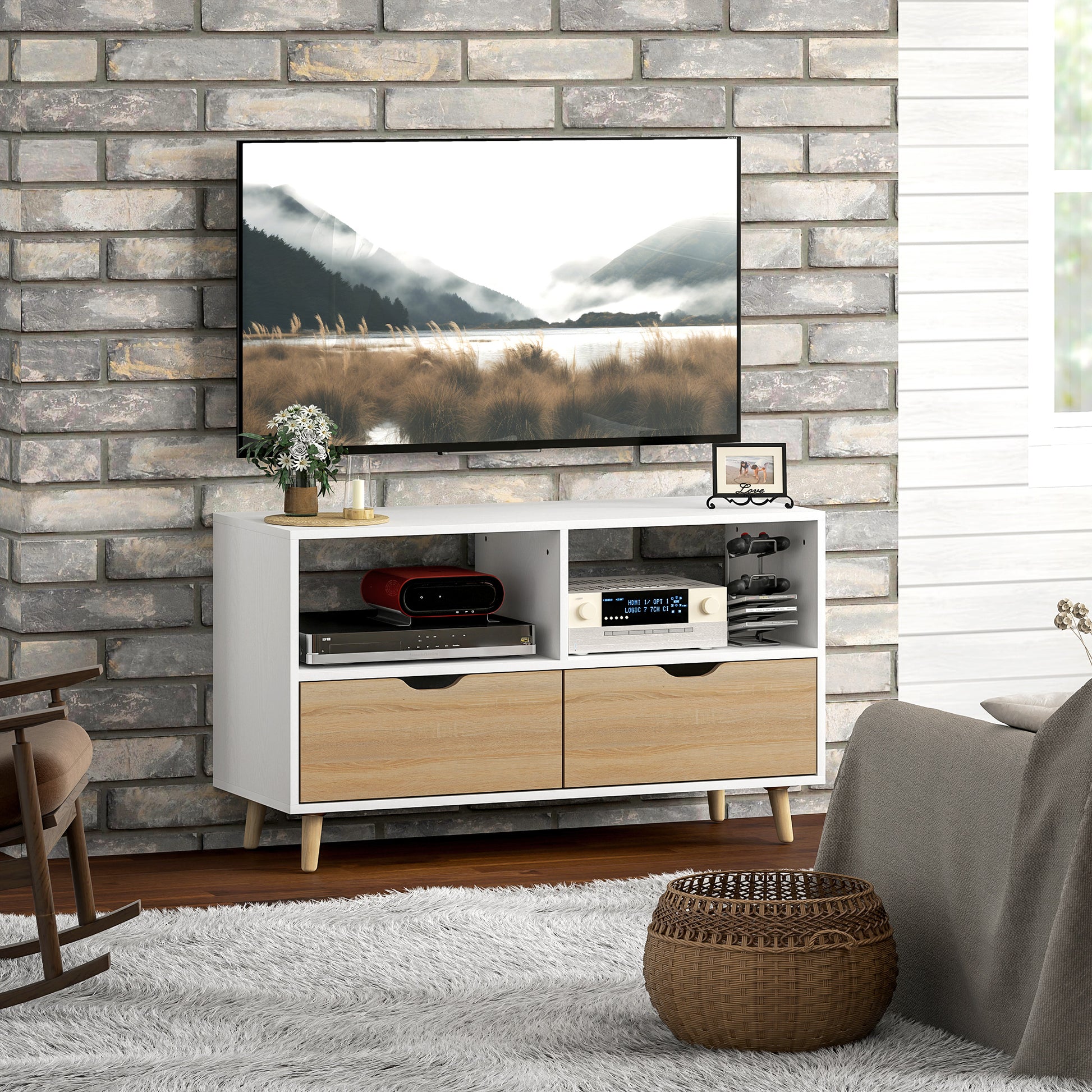 TV-Schrank, TV-Kommode mit Schubladen, Offene Regale, Holz, 99 x 39 x 58 cm