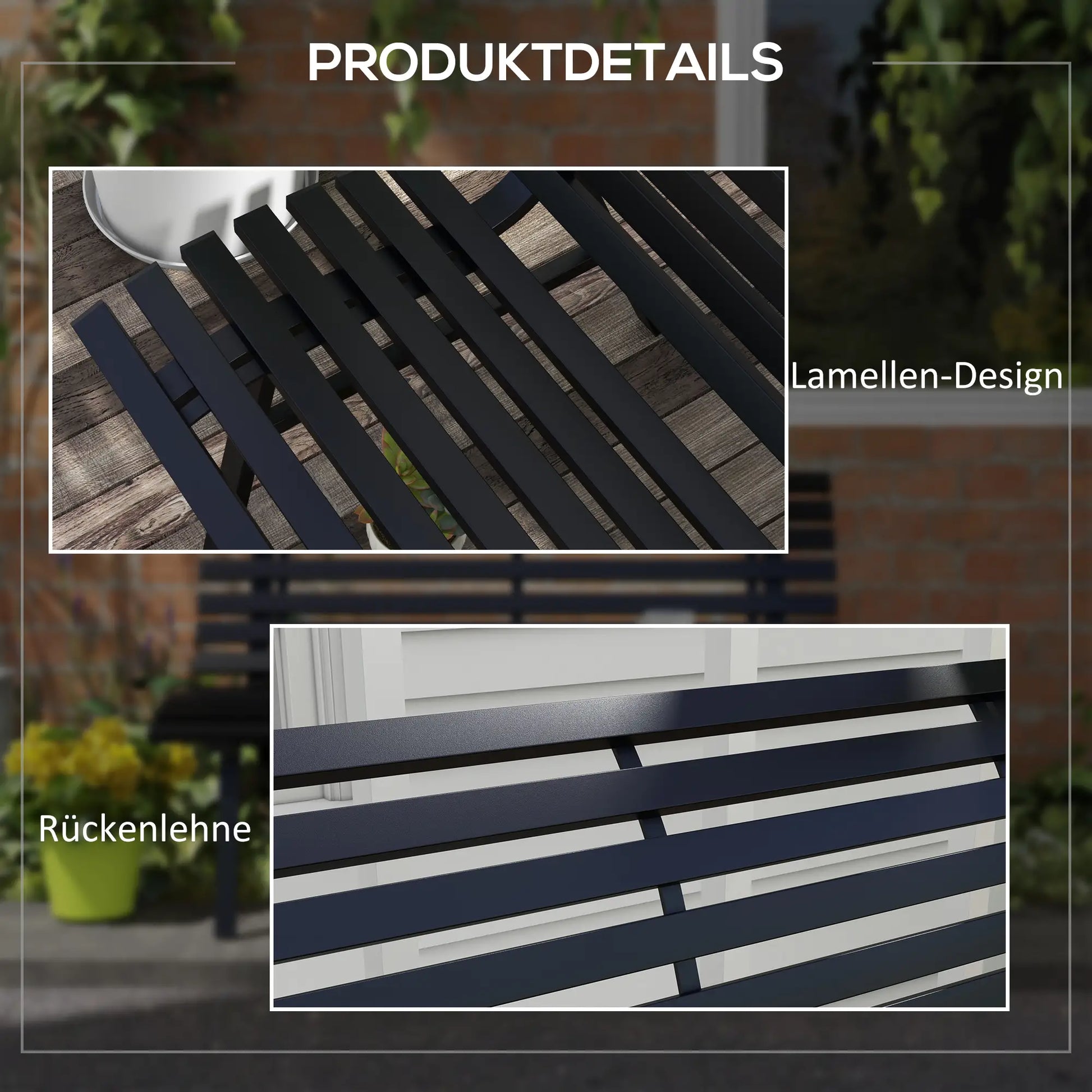 Gartenbank Sitzbank, Lattendesign, wetterbeständig, Aluminium, 123 x 67 x 79 cm, Schwarz