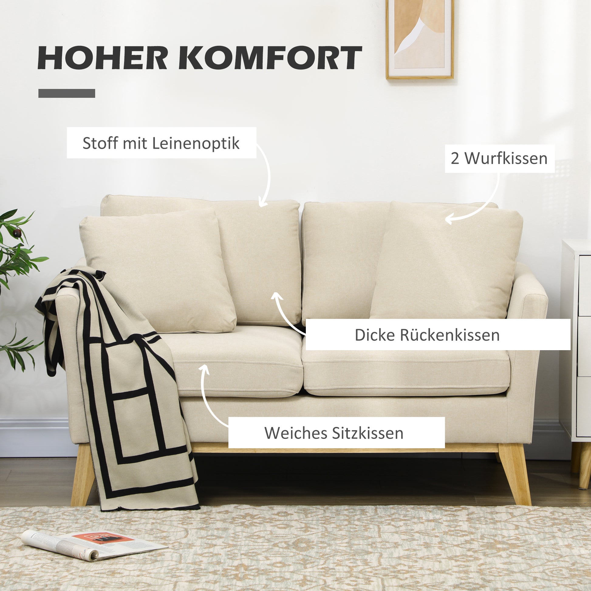 2 Sitzer Sofa, skandinavisches Design, 2 Wurfkissen, Naturholzrahmen, beige, 137 x 78 x 78 cm