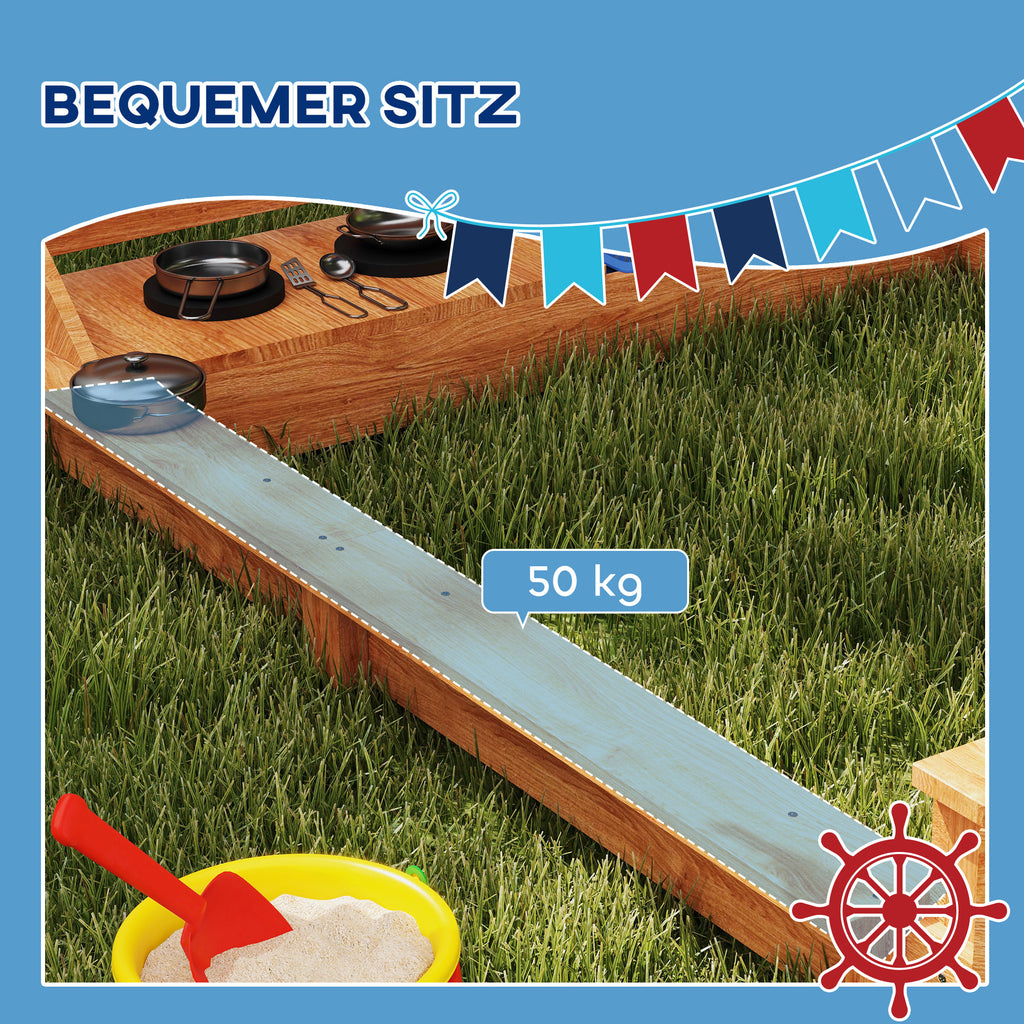 Sandkasten mit Sonnendach Piratenschiff, inkl. Kinderküchenspielset, Massivholz, 180x103x144,5 cm