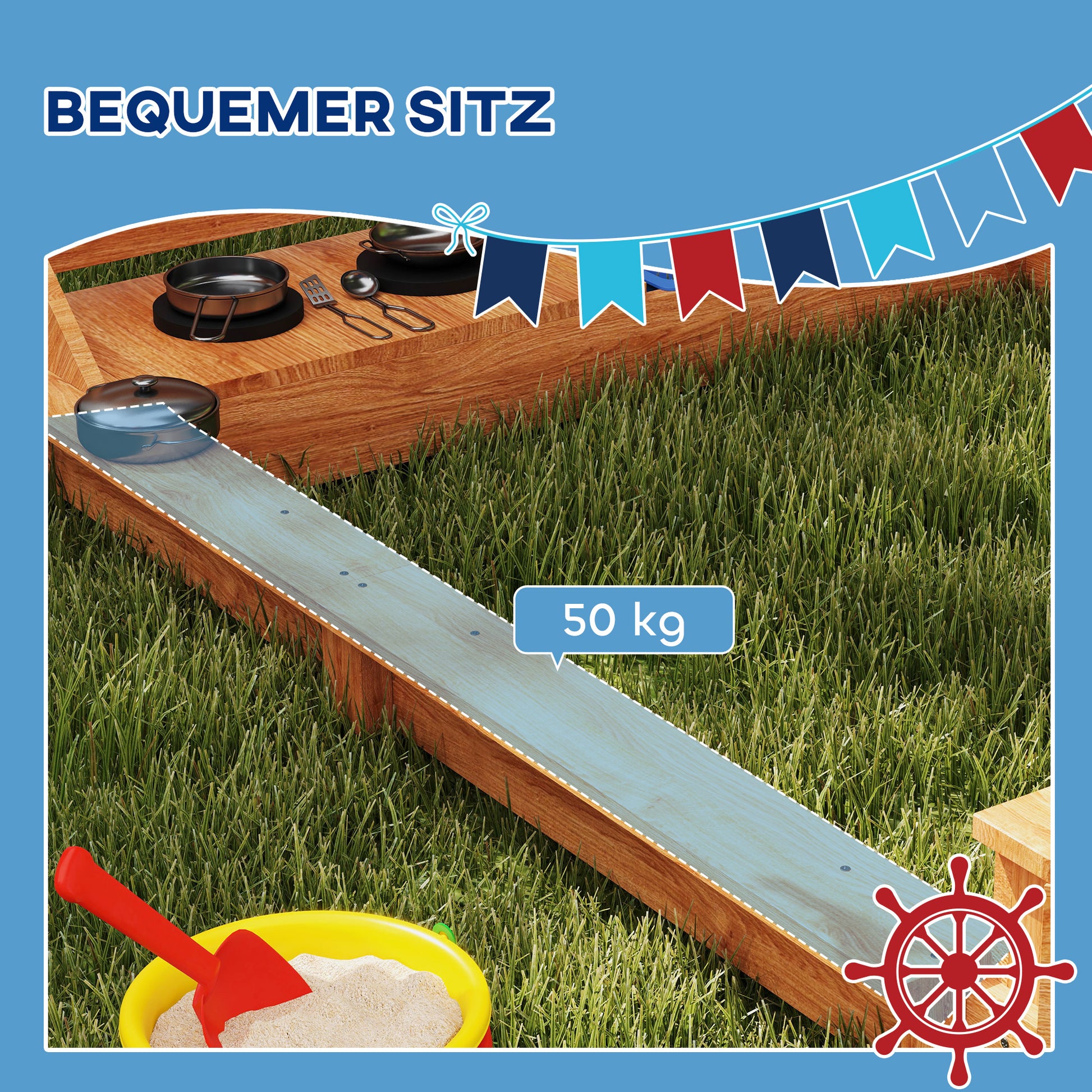 Sandkasten mit Sonnendach Piratenschiff, inkl. Kinderküchenspielset, Massivholz, 180x103x144,5 cm