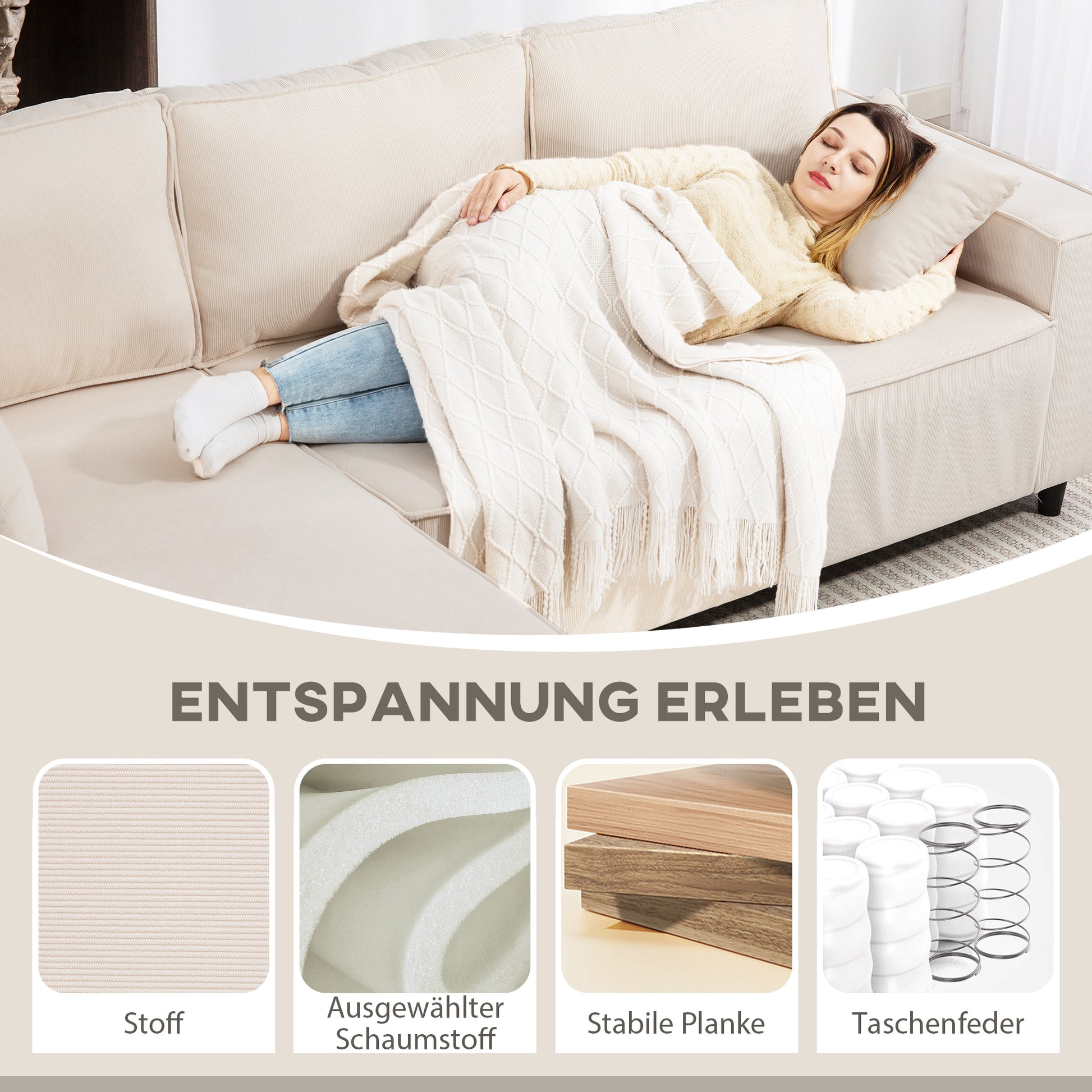 Ecksofa 3-Sitzer in L-Form Eckcouch mit Umkehrbarer Chaiselongue, 241x153x83 cm Cremeweiß