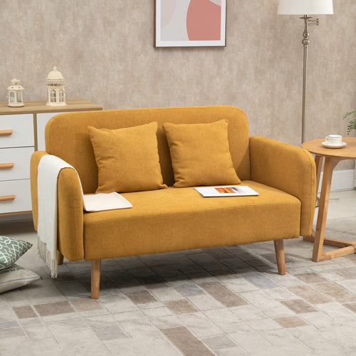 2 Sitzer Sofa mit 2 Wurfkissen, gepolsterter Doppelsofa, Polstersofa mit Samtopik, Armlehne, 130 x 70 x 80 cm, Gelb