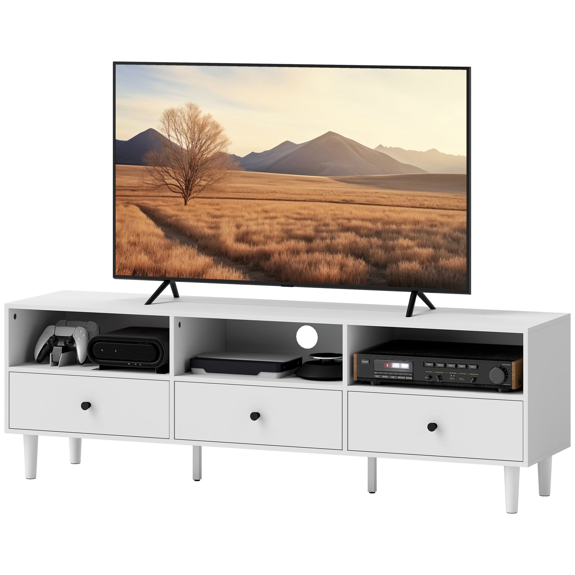 TV-Kommode, TV-Ständer für 75-Zoll-Bildschirme, 3 offene Fächer, 3 Schubladen, Spanplatte