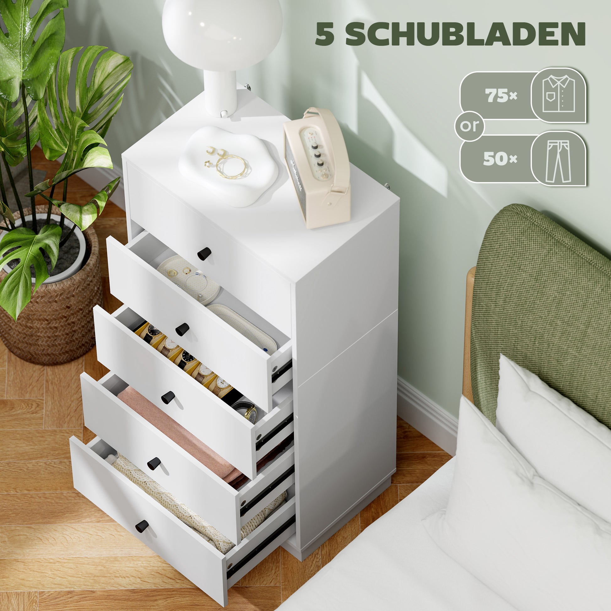Kommode mit 5 Schubladen Schrank aus Holzwerkstoff im Modern Stil 47 x 29 x 95 cm Weiß