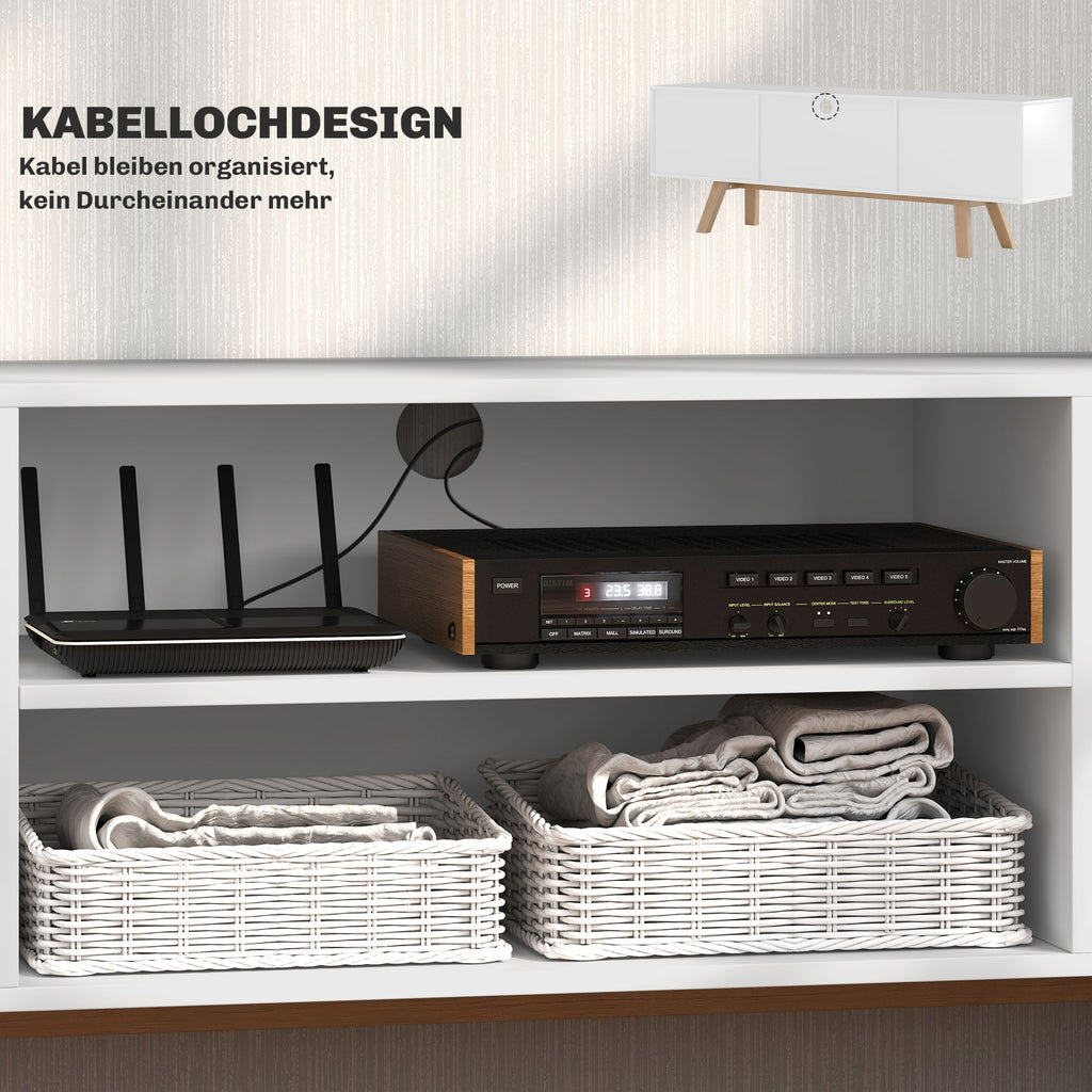 TV-Kommode mit Schubladen und offenen Regalen, MDF, 150 x 39 x 50 cm, Weiß