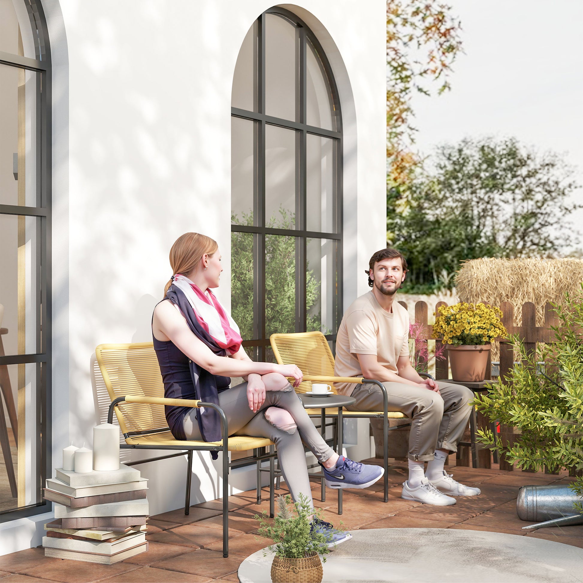 3-tlg. Rattan Bistroset, Sitzgruppe, Gartengarnitur mit 2 Gartensesseln, Couchtisch 54 x 66 x 76 cm
