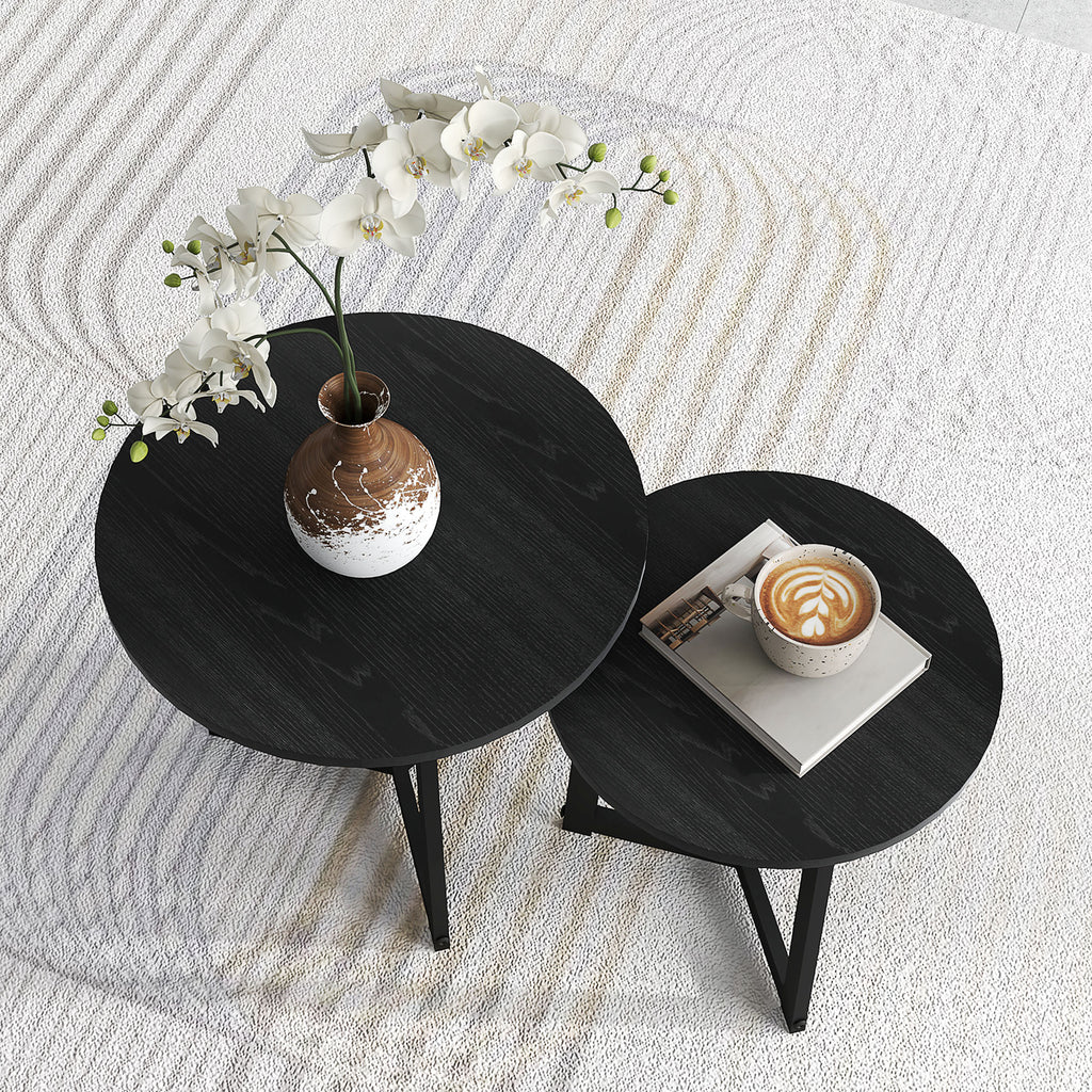 Moderner Couchtisch als 2er-Set, Metallrahmen, MDF, Rundes Design, ineinander verschiebbar