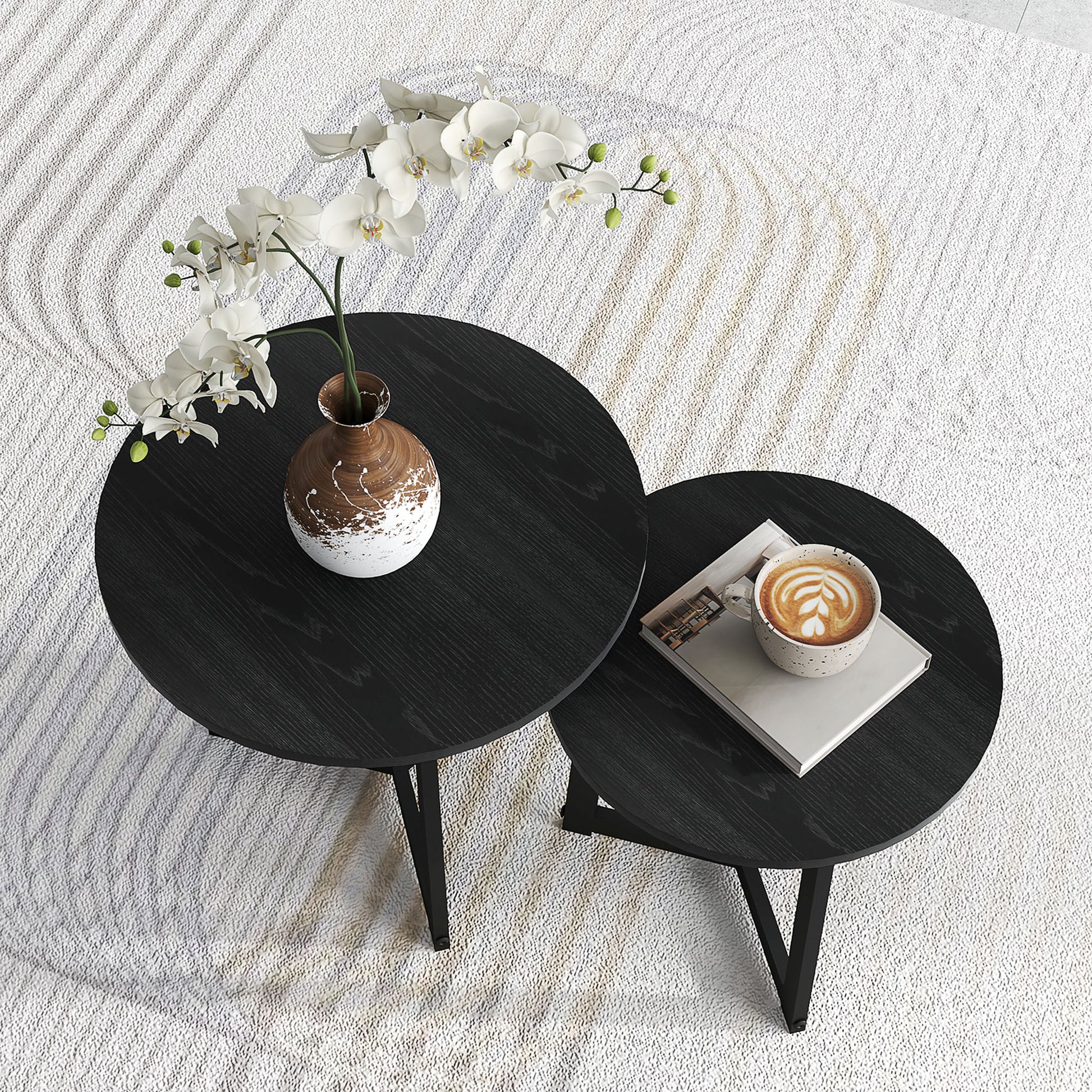 Moderner Couchtisch als 2er-Set, Metallrahmen, MDF, Rundes Design, ineinander verschiebbar