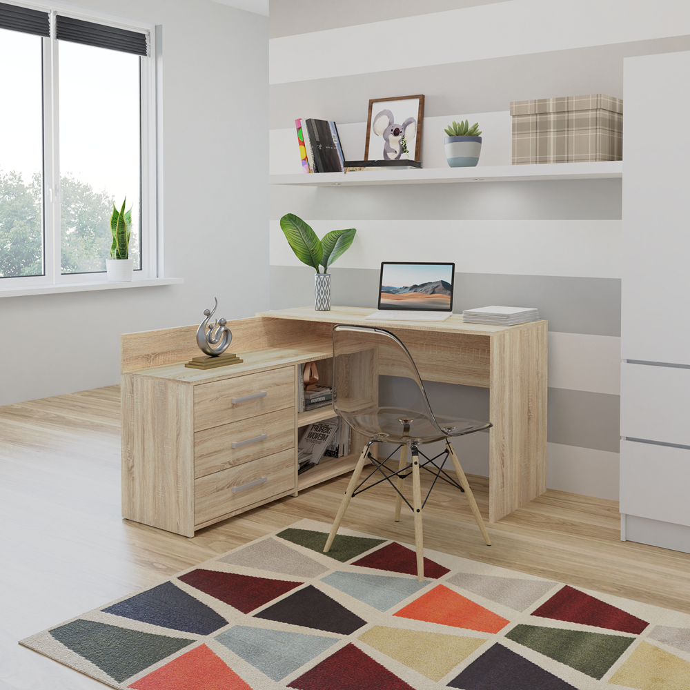 Eckschreibtisch DANY – 120 cm breit, mit 3 Schubladen, mehrere Farben