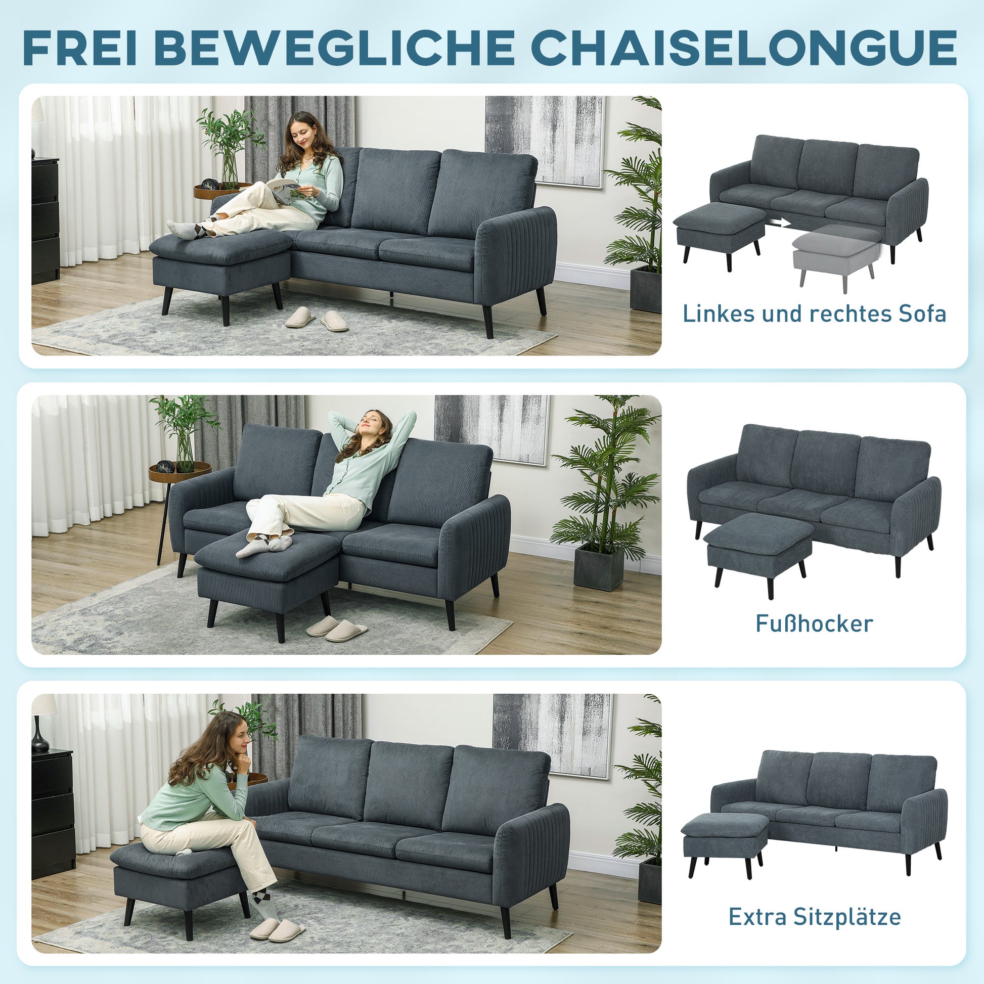 Ecksofa mit Schlaffunktion Sofa mit Fußhocker, 3 Wurfkissen, Eckcouch L-Form 196 x 140 x 88 cm Grau