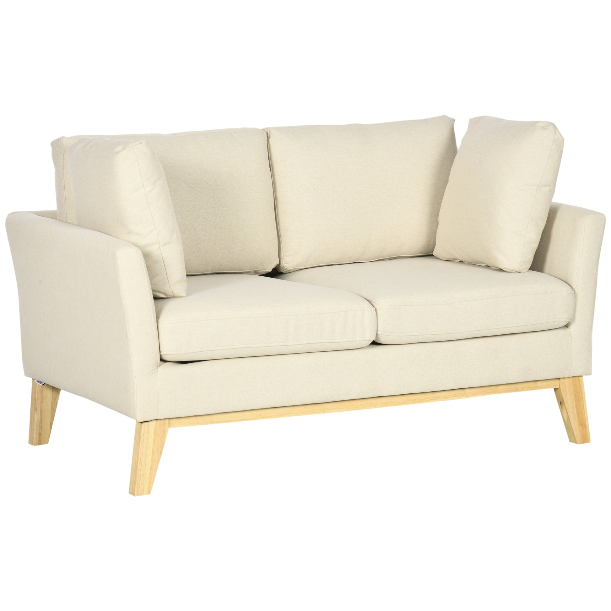 2 Sitzer Sofa, skandinavisches Design, 2 Wurfkissen, Naturholzrahmen, beige, 137 x 78 x 78 cm