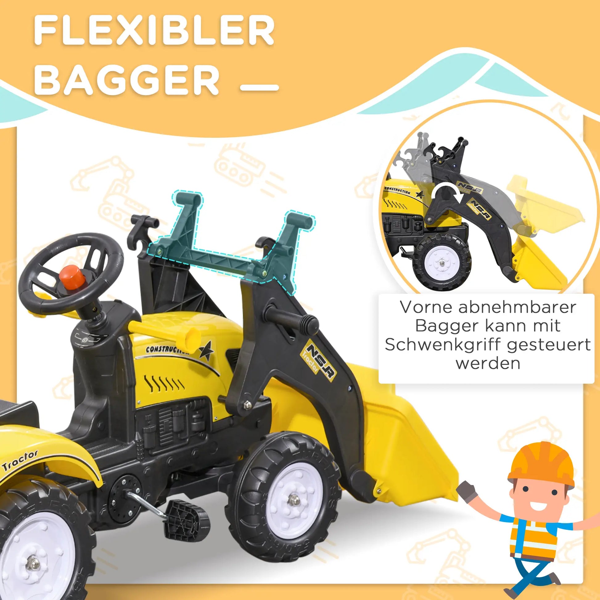 Kinderradlader, steuerbarer Frontlader, ab 3 Jahren, Pedalantrieb, Gelb/Schwarz