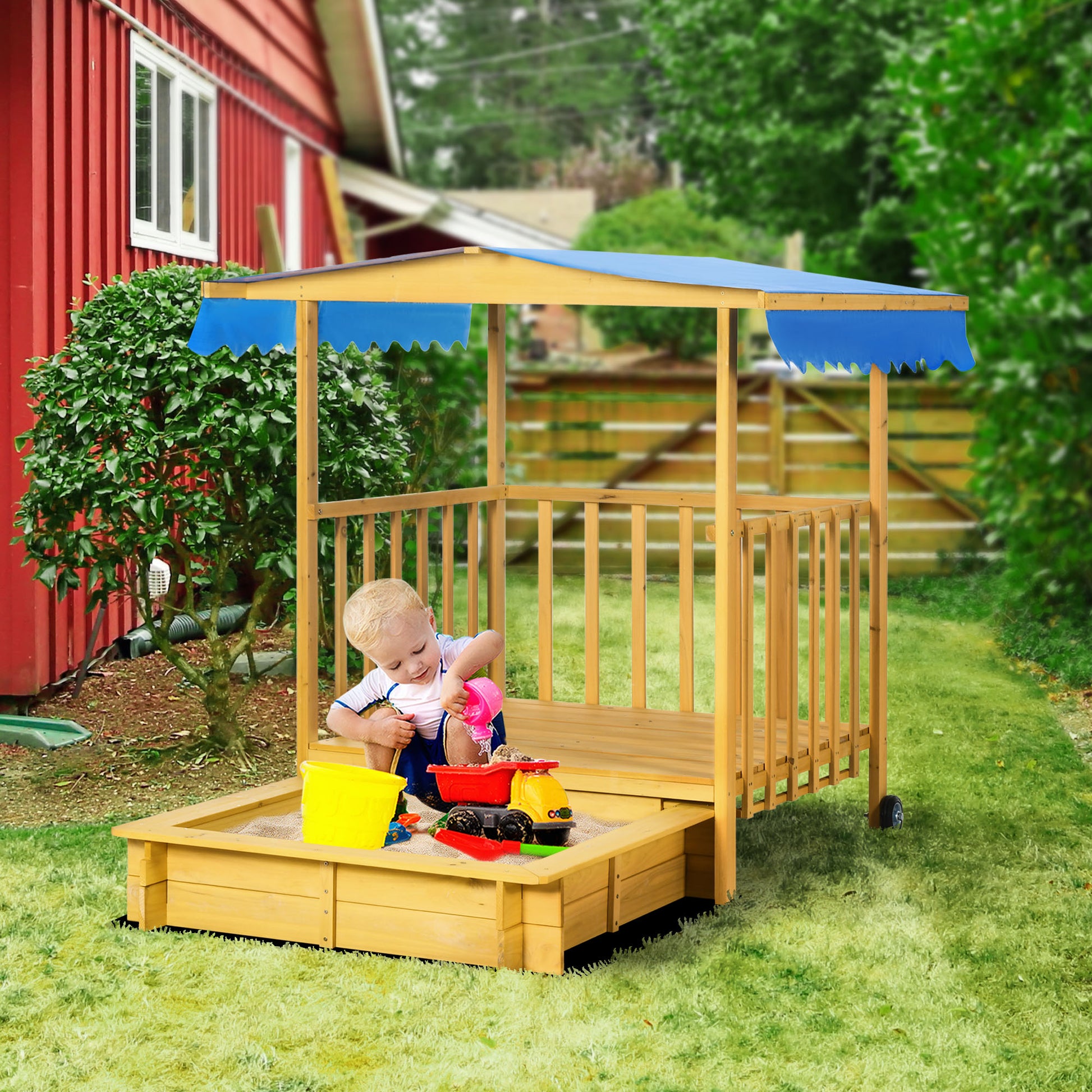Sandkasten mit Spielhaus Sandkasten mit Dach, 133 x 129 x 137, 5 cm, Natur + Blau
