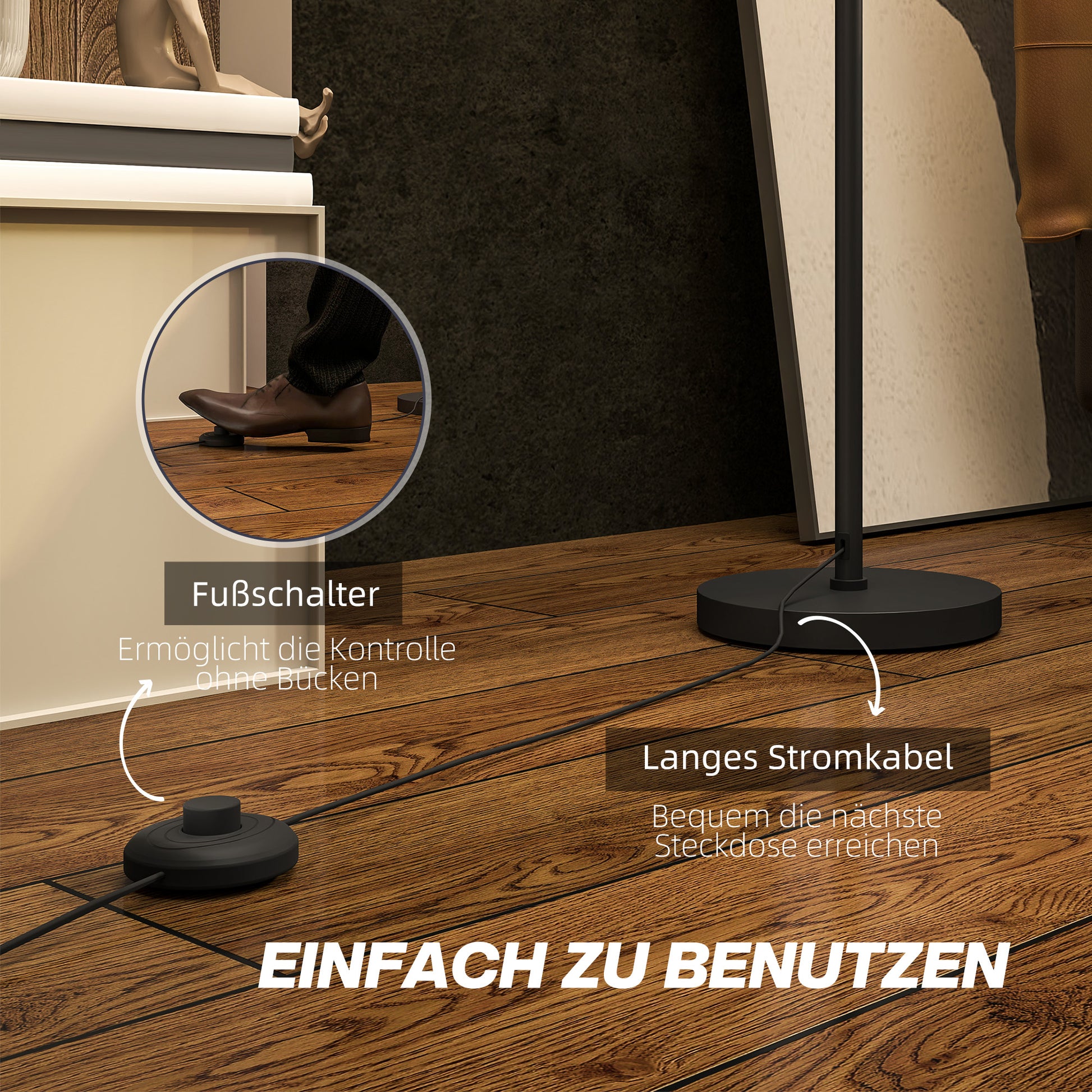 Stehlampe, zweifarbiger Lampenschirm, Fußschalter, Metall, Schwarz
