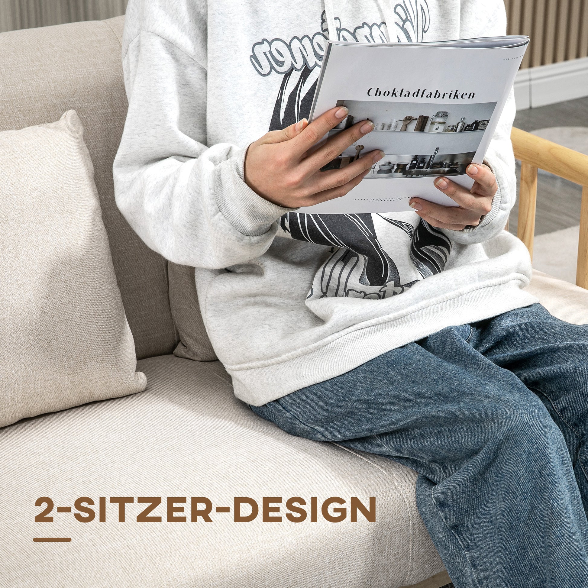 2-Sitzer Sofa, Stoffbezug in Leinenoptik, bis 200 kg, Holzrahmen, 123L x 69B x 74H cm, Beige
