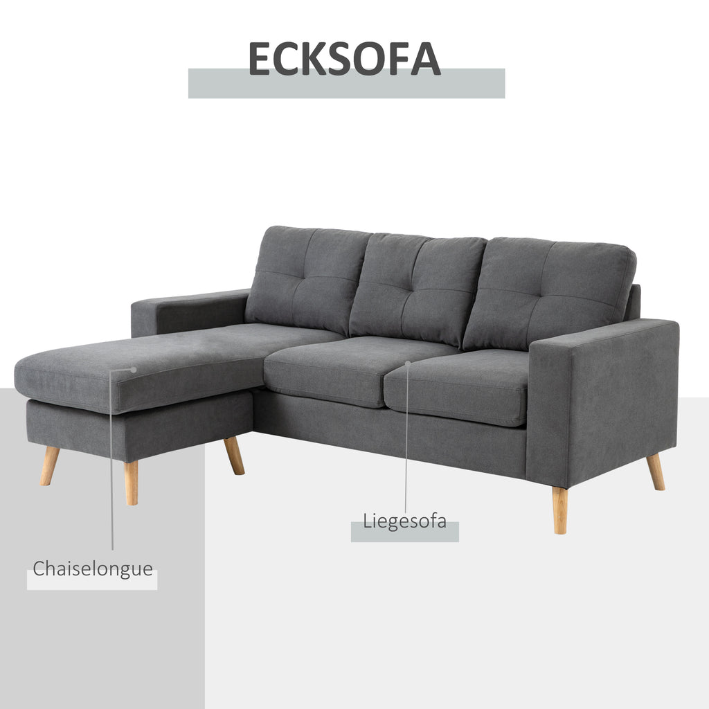 Ecksofa L-Form graue Eckcouch mit Chaiselongue Leinenoptik für 3 Personen 193x136x85cm Dunkelgrau