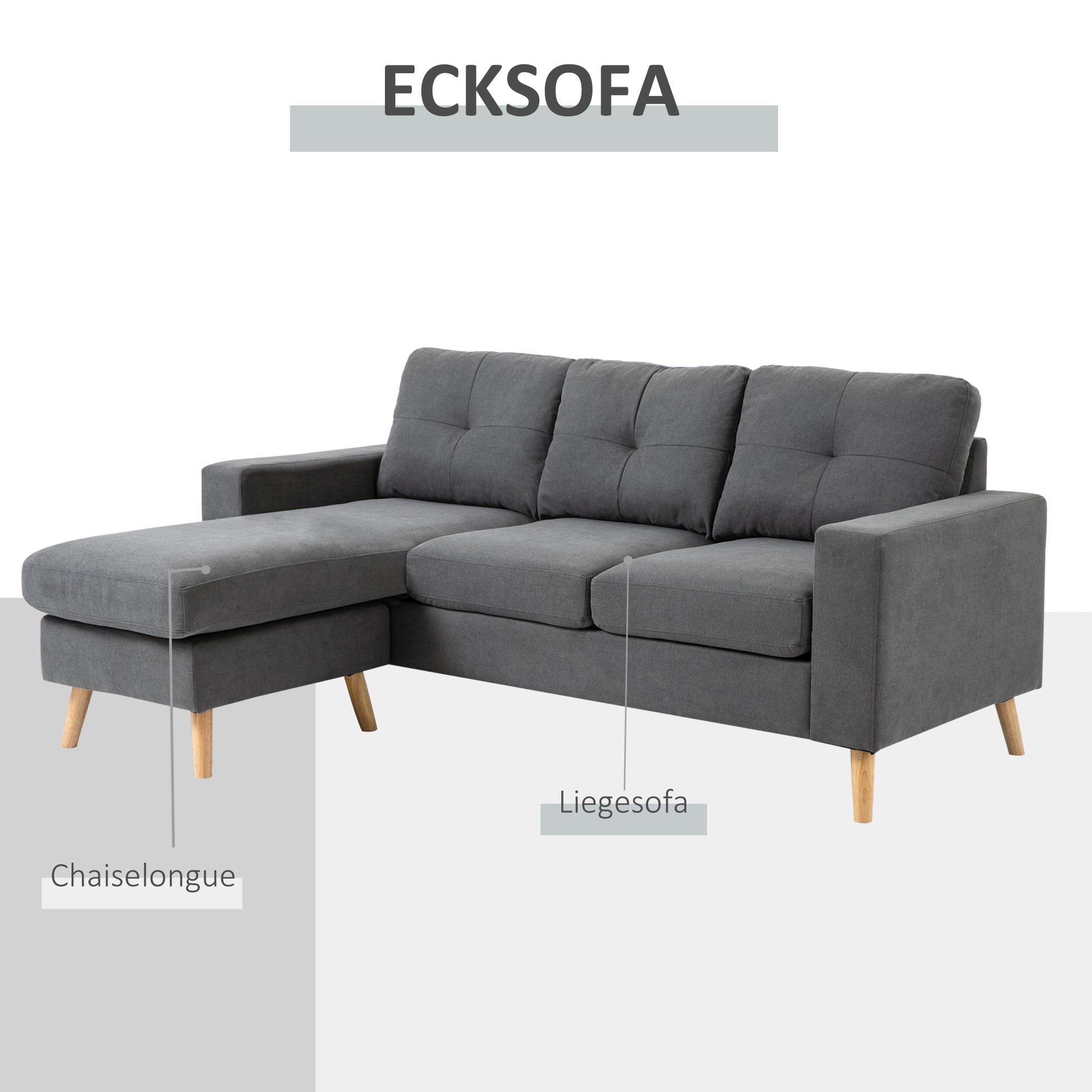 Ecksofa L-Form graue Eckcouch mit Chaiselongue Leinenoptik für 3 Personen 193x136x85cm Dunkelgrau