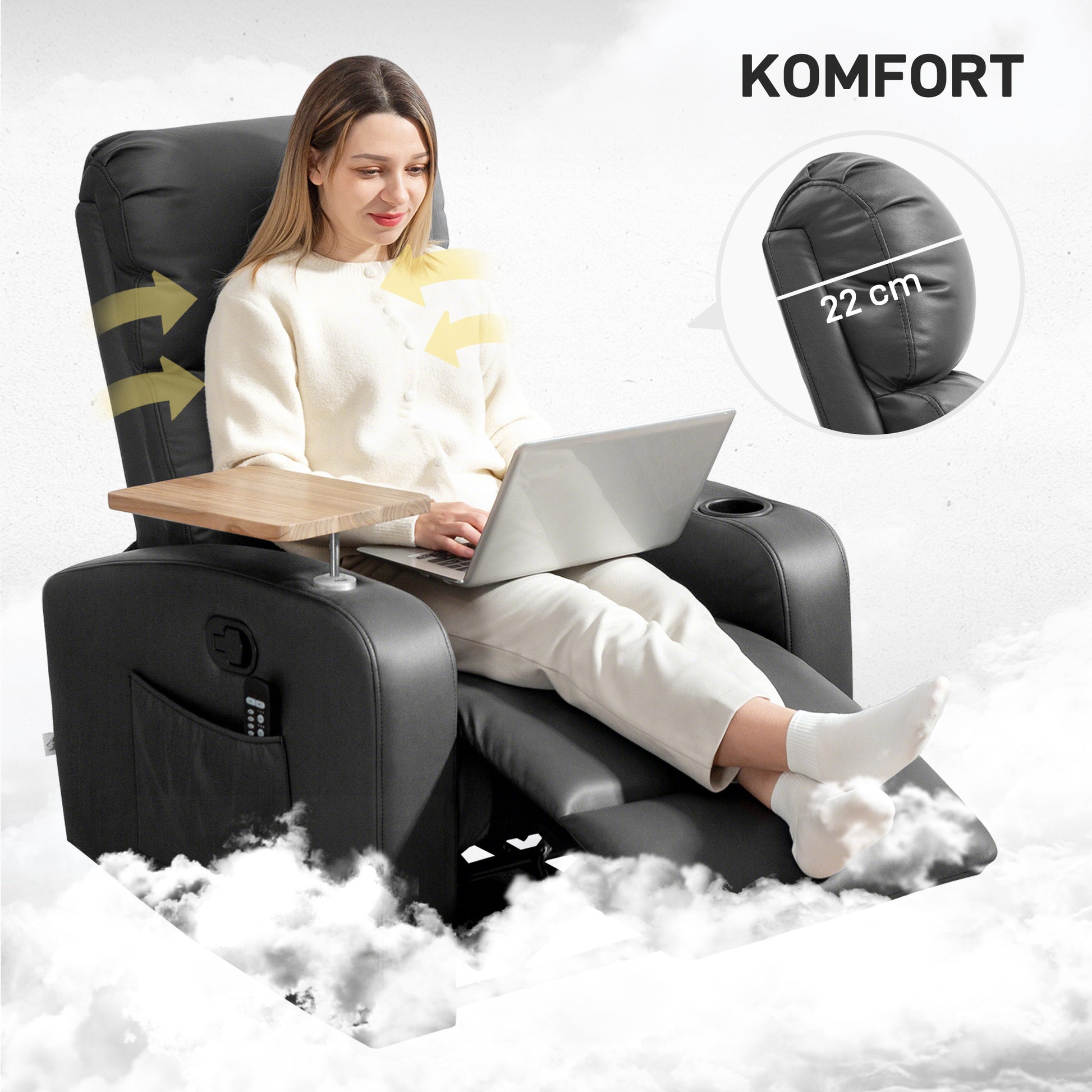 Massagesessel Relaxsessel Liegesessel, 1 Klapptisch, 1 Fußstütze; 77 cm x 93 cm x 105 cm