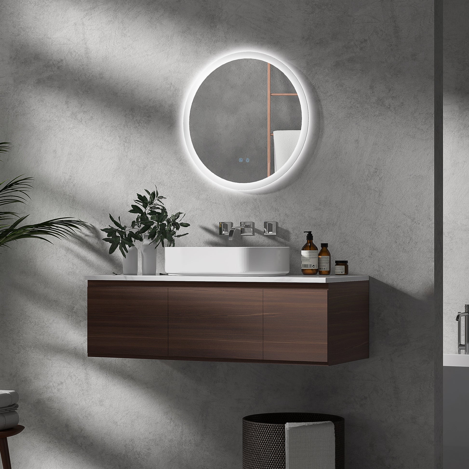 LED Badspiegel, einstellbare Helligkeit, Entnebelung, Touch, Metall/Glas, Ø60 cm, Weiß/Silber