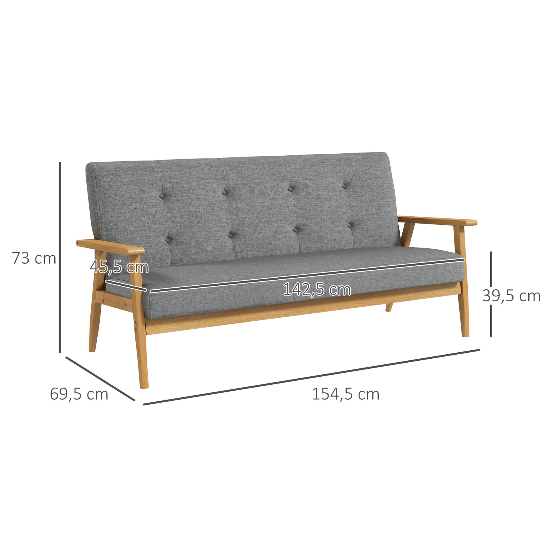 Dreisitzer-Polstersofa, Kautschukholz, 154,5 x 69,5 x 73 cm, Grau