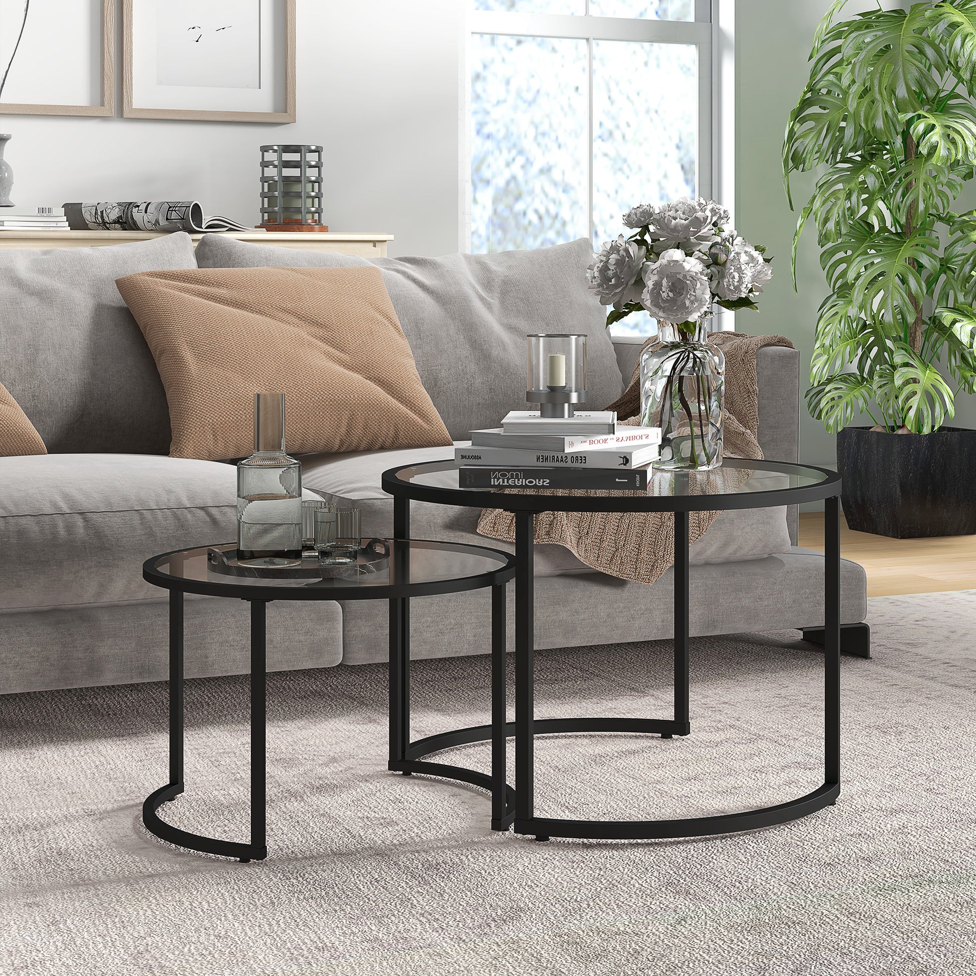 2er-Set Beistelltische Couchtische Industrie-Design, Glastische, stapelbar, Schwarz/Transparent
