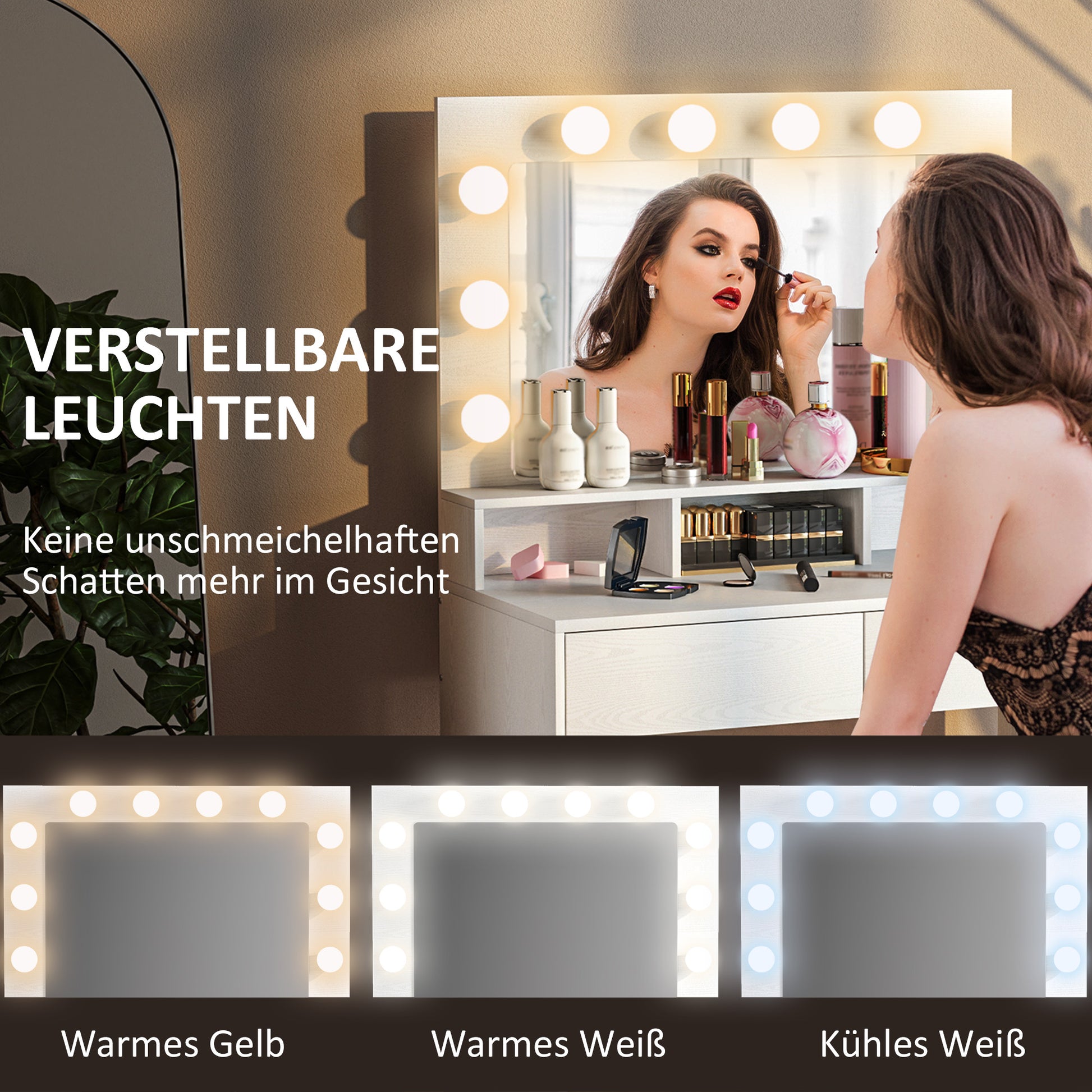 Schminktisch mit beleuchtetem Spiegel, Schubladen, 3 Lichtoptionen, 10 Glühbirnen, Weiß